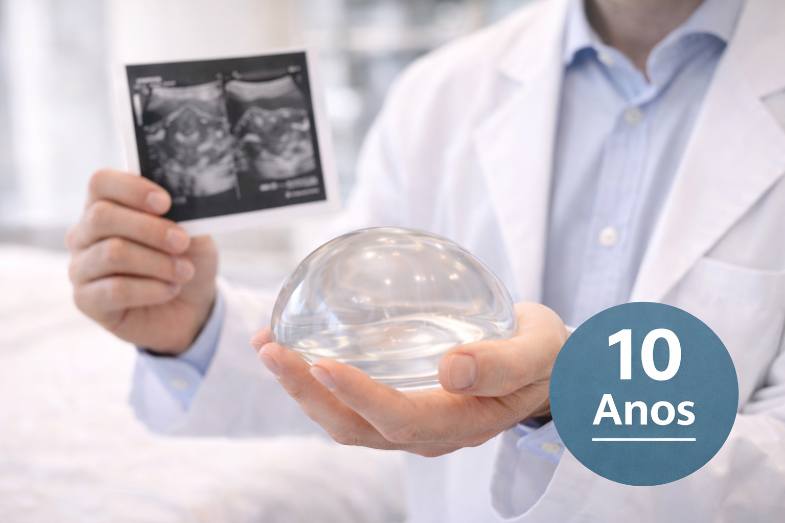 Médico cirurgião plástico analisando exame de imagem das mamas para verificar a integridade da prótese de silicone, dispensando a troca obrigatória de 10 anos.