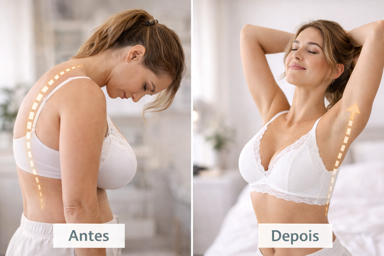 Infográfico demonstrando a correção da postura da coluna vertebral e o alívio de dores nas costas após a cirurgia de Mamoplastia Redutora.