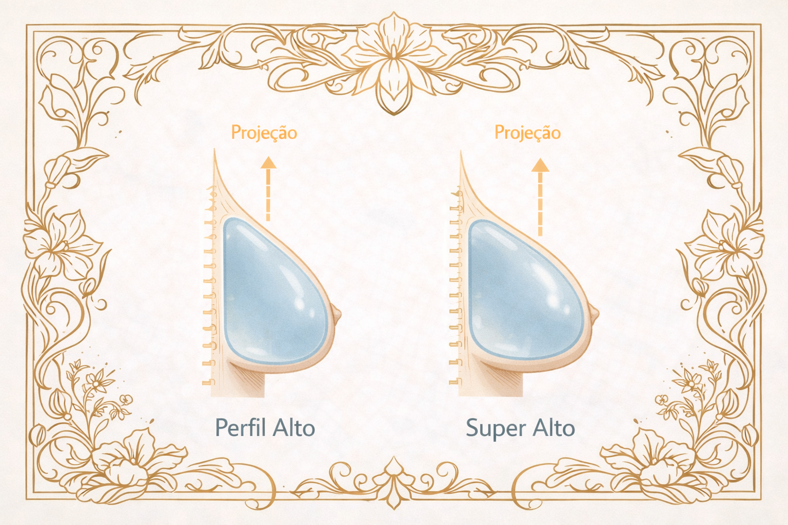 Comparativo técnico entre prótese de silicone perfil alto e perfil super alto, mostrando a diferença de projeção e o efeito de colo marcado.