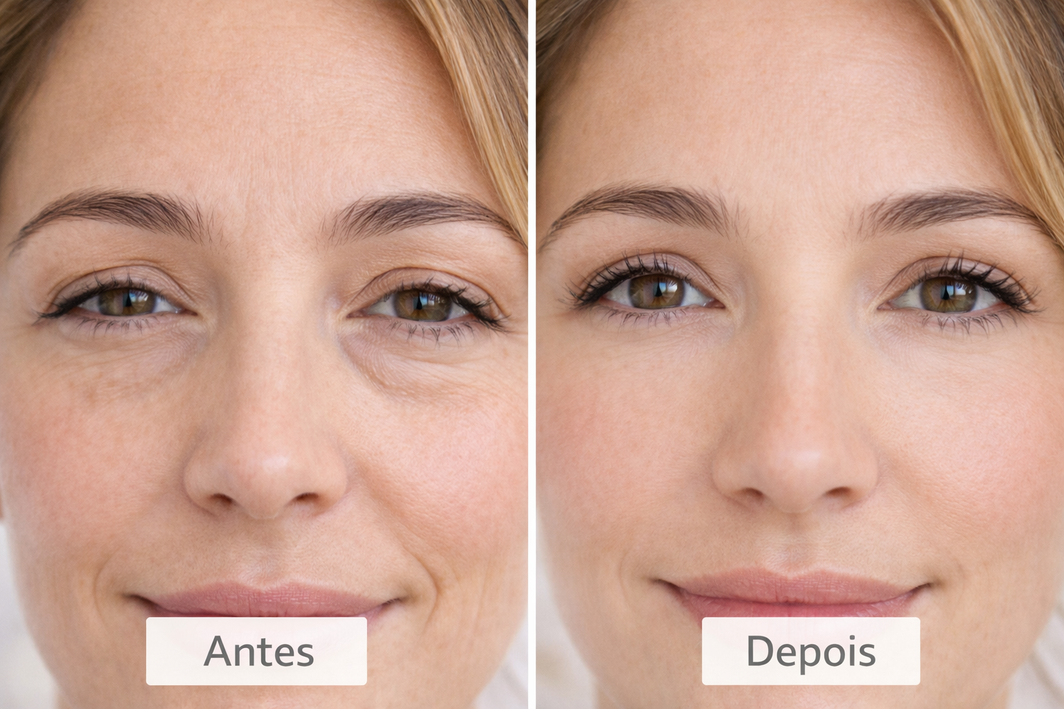 Comparativo do olhar de uma mulher antes e depois da Blefaroplastia, mostrando a eliminação da flacidez nas pálpebras e bolsas de gordura.