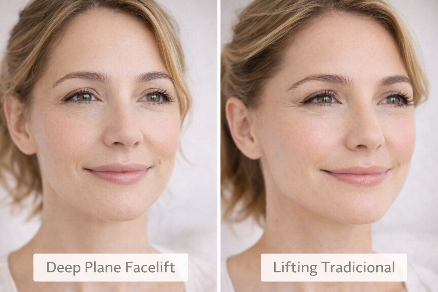 Mulher madura de perfil, com a pele do rosto firme e contorno mandibular definido após Deep Plane Facelift, sem sinais de cicatriz visível.