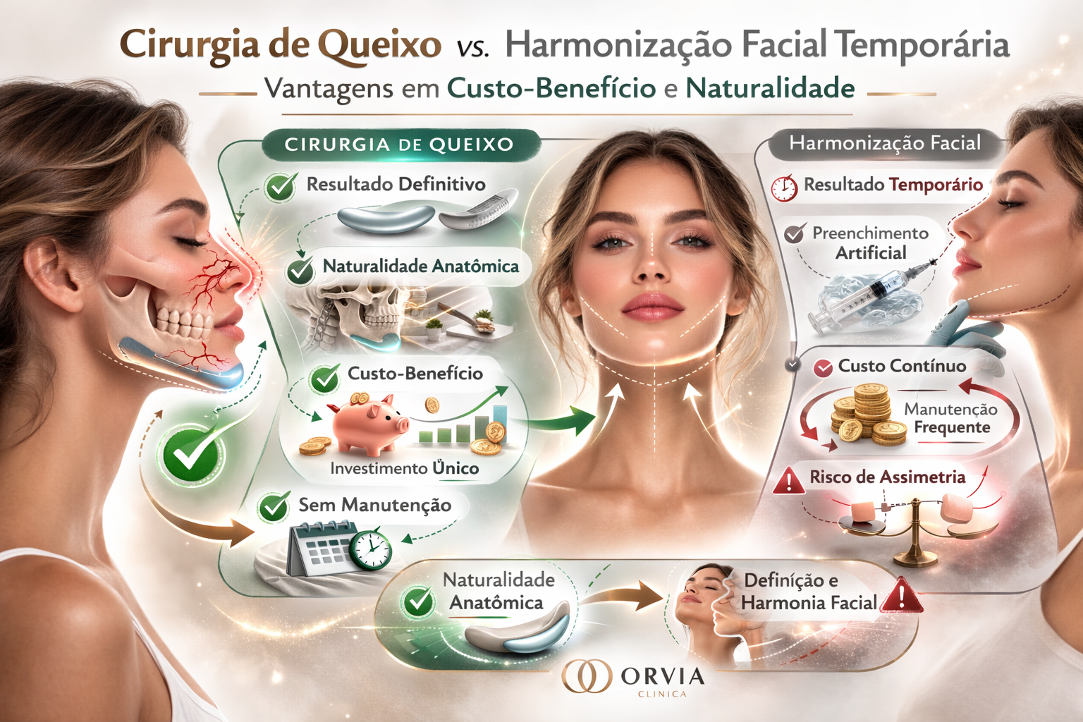 Comparativo visual de um rosto feminino mostrando o contorno temporário do preenchimento e a definição óssea permanente proporcionada pela Mentoplastia.