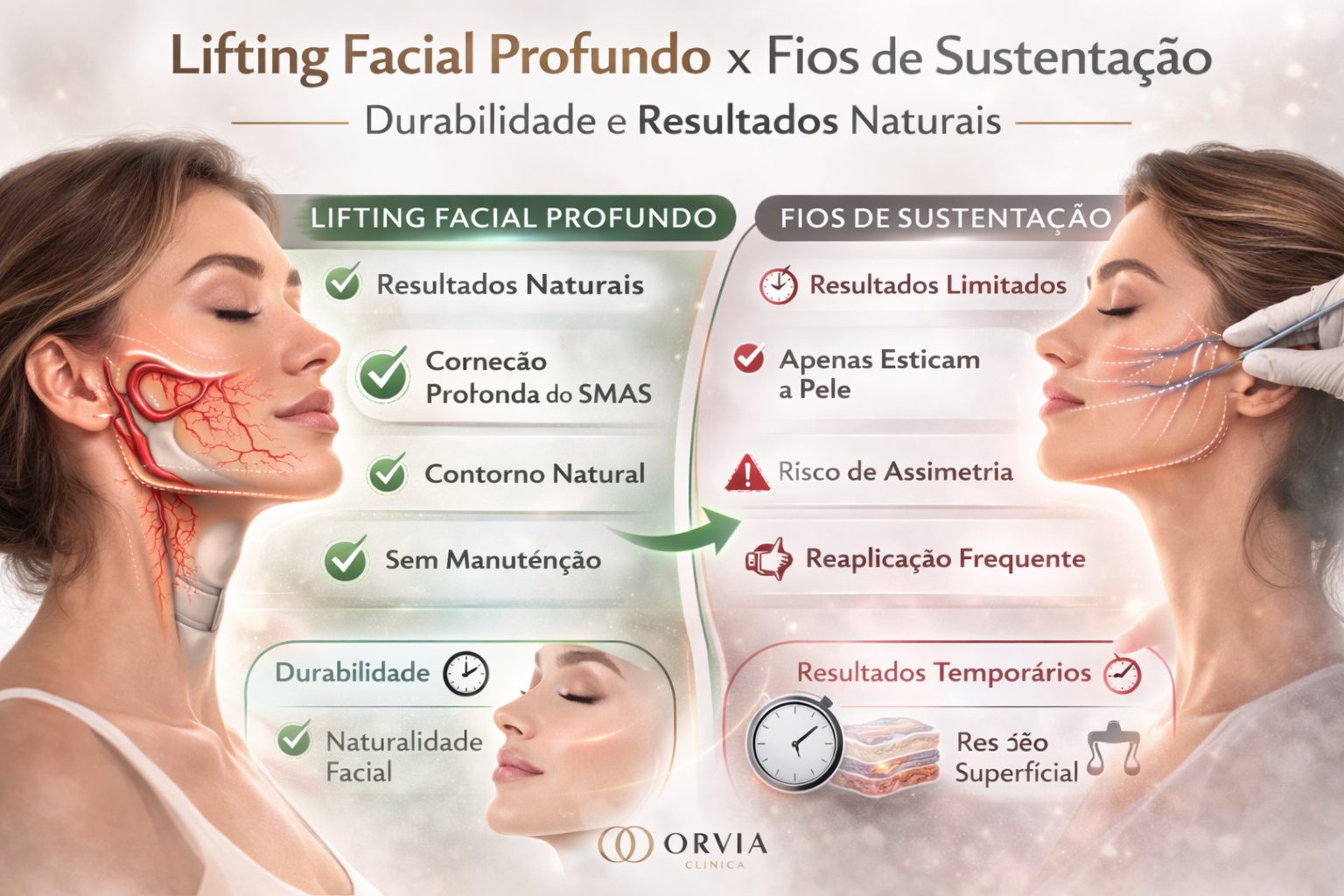 Ilustração médica comparando a tração superficial dos Fios de PDO vs Deep Plane Facelift, mostrando o reposicionamento muscular profundo da cirurgia.