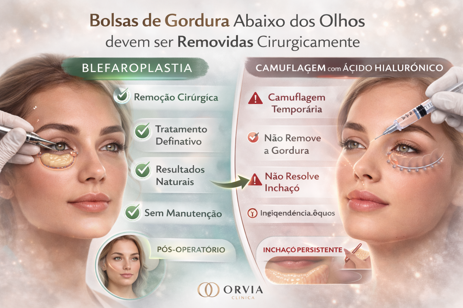 Comparativo visual mostrando os resultados do Preenchimento de Olheiras vs Blefaroplastia em pacientes com bolsas de gordura palpebral.