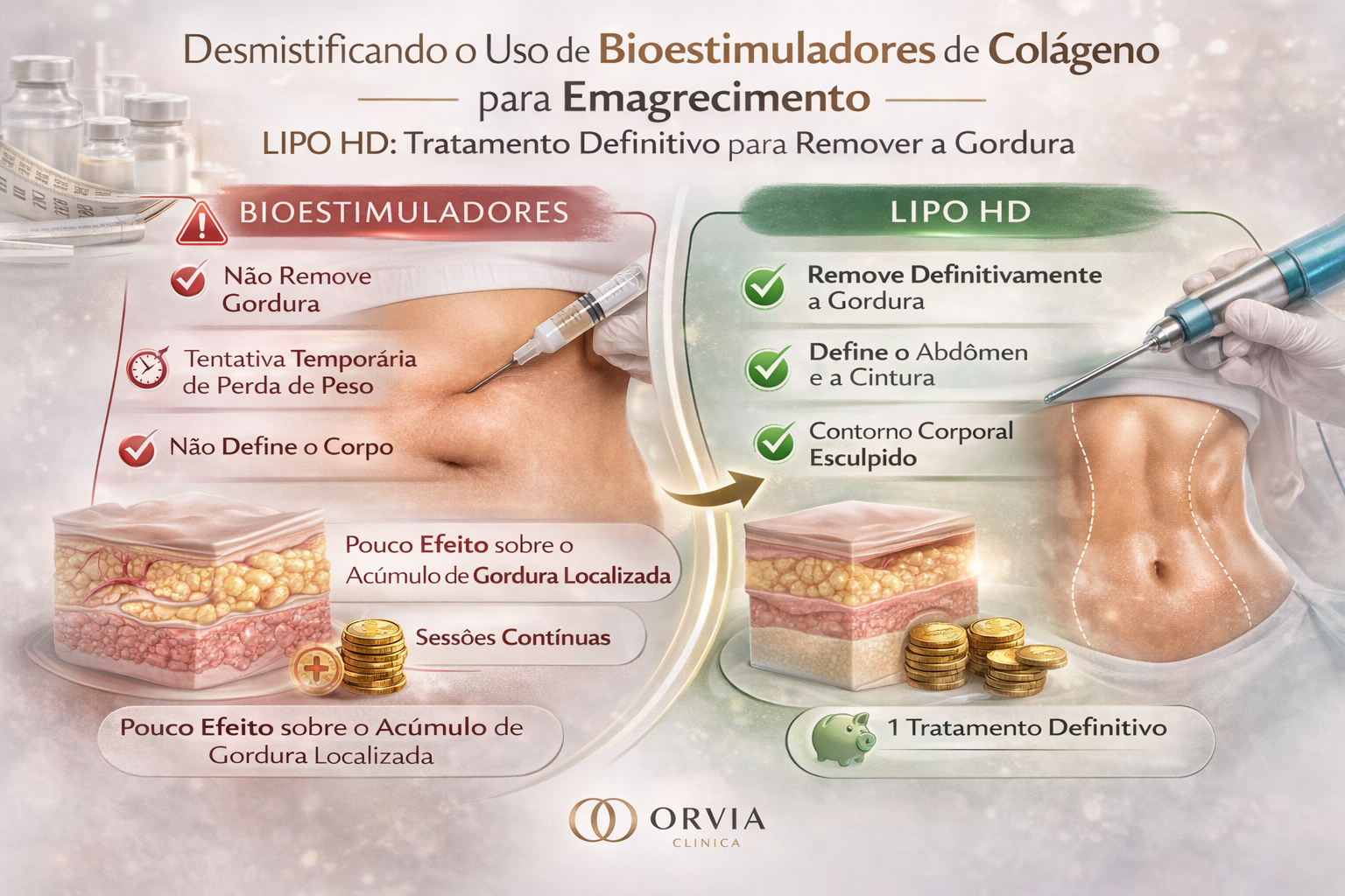 Comparação educativa focada nos resultados de textura de pele dos Bioestimuladores vs Lipo HD que remove a gordura localizada.