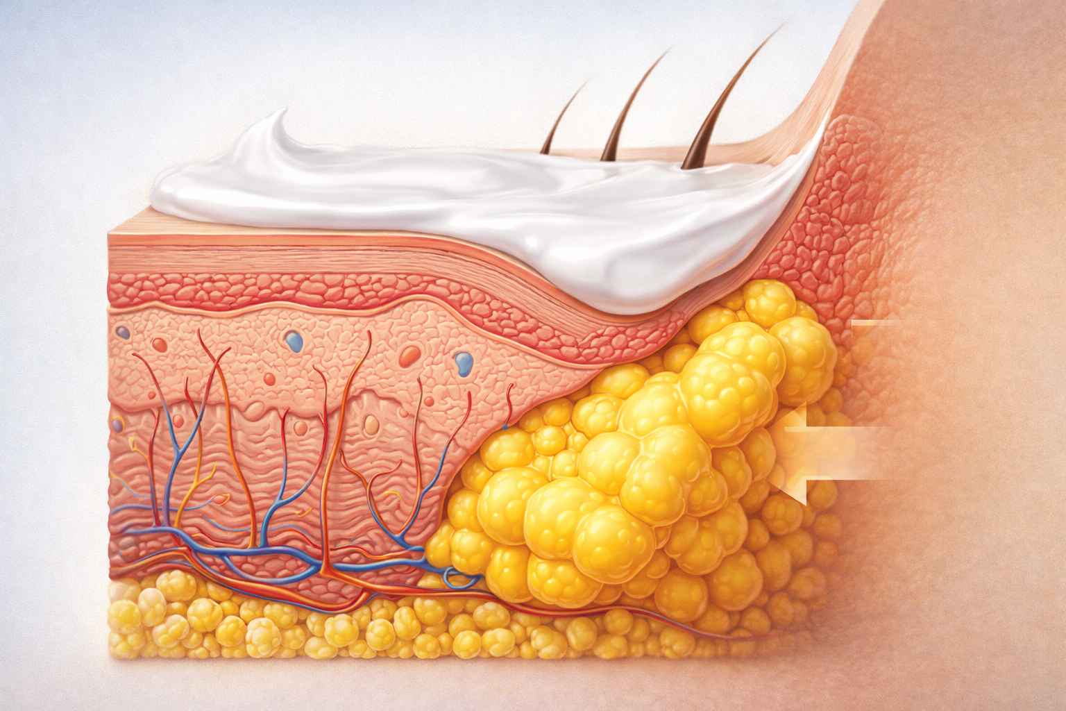 Ilustração em corte lateral da pele mostrando a anatomia das bolsas de gordura profundas e a ação superficial dos cremes, provando que cosméticos não removem bolsas.
