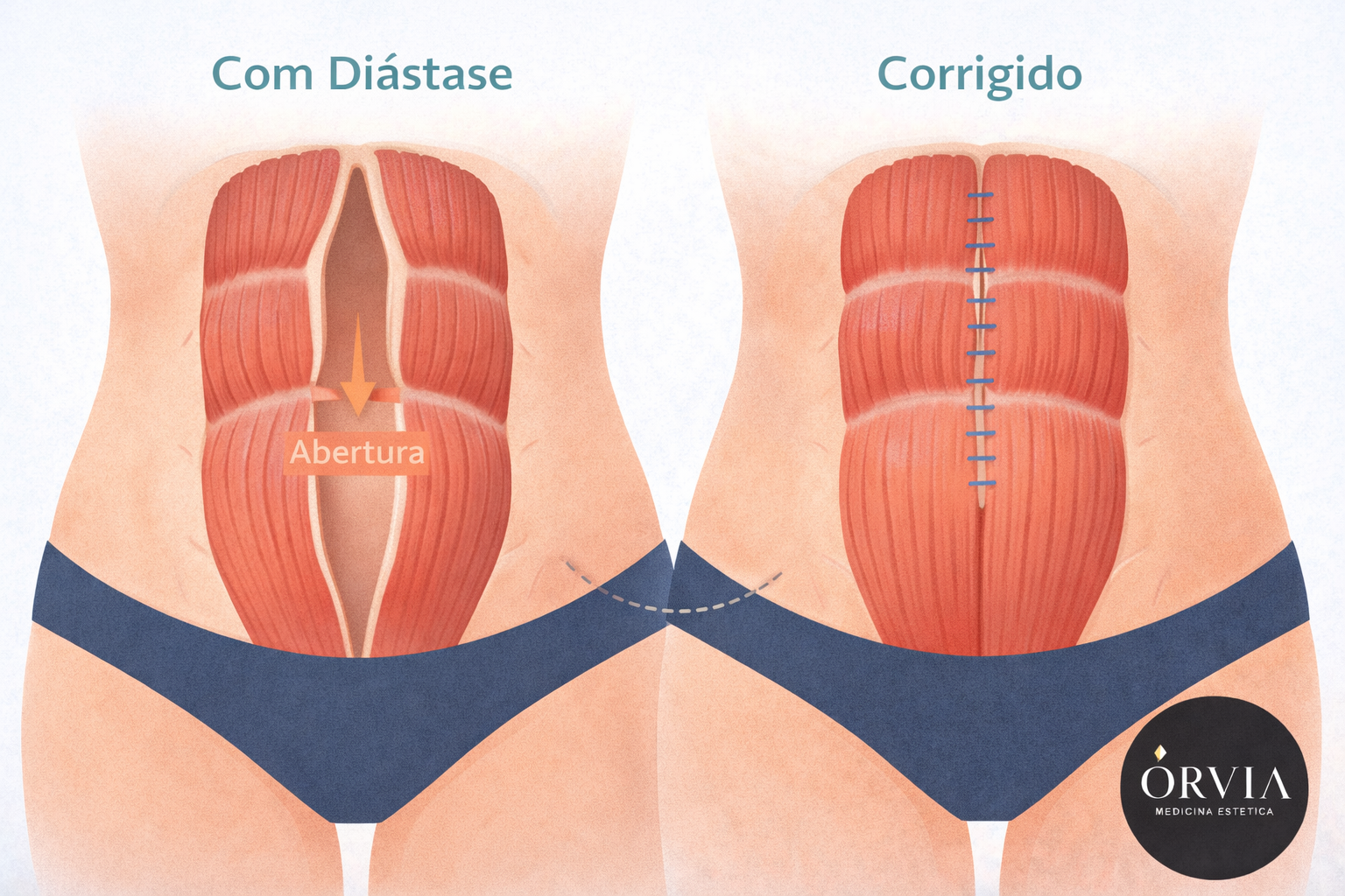 Ilustração médica comparativa: lado esquerdo mostrando músculos abdominais afastados (diástase) e lado direito mostrando a correção cirúrgica com sutura (plicatura) dos músculos.