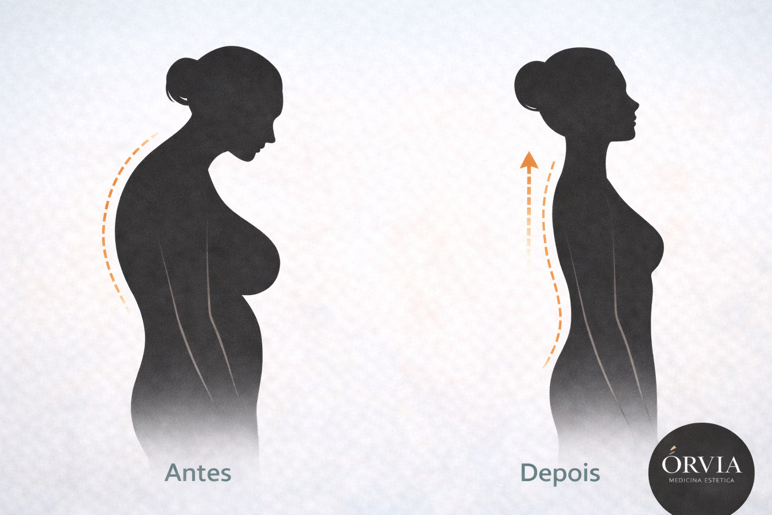 Ilustração médica comparativa de perfil: silhueta feminina com má postura devido ao peso dos seios (hipertrofia) versus silhueta com postura ereta e coluna alinhada após Mamoplastia Redutora.