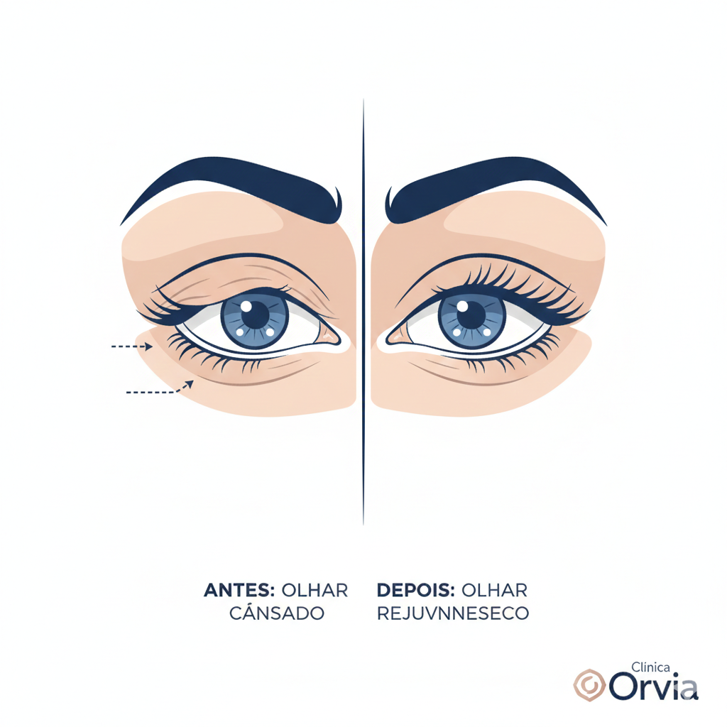 Ilustração comparativa de antes e depois da Blefaroplastia Superior e Inferior, mostrando a correção de pálpebras caídas e bolsas de gordura.