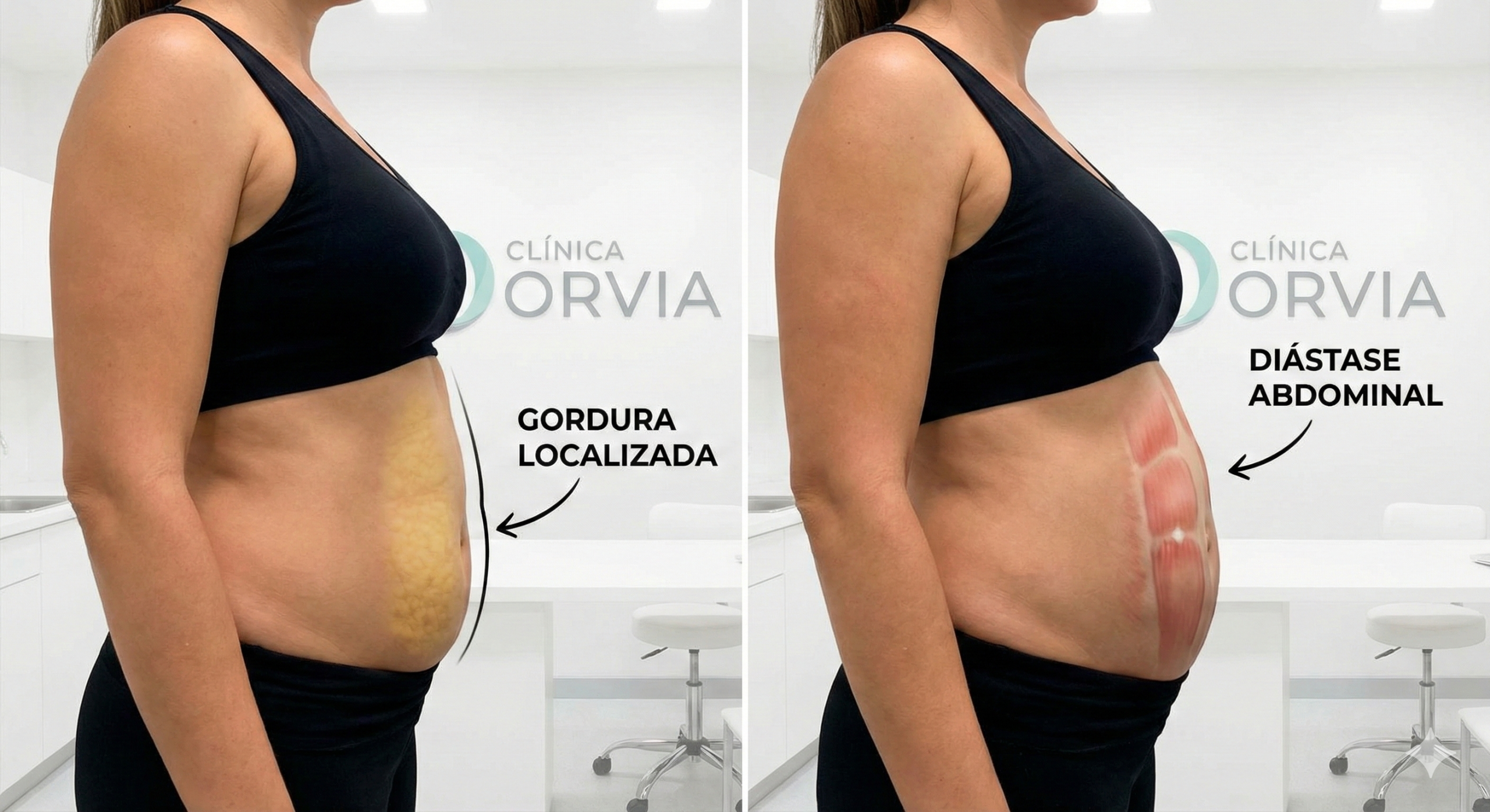 Ilustração anatômica demonstrando a correção cirúrgica da diástase abdominal, unindo os músculos retos do abdômen pós-parto.