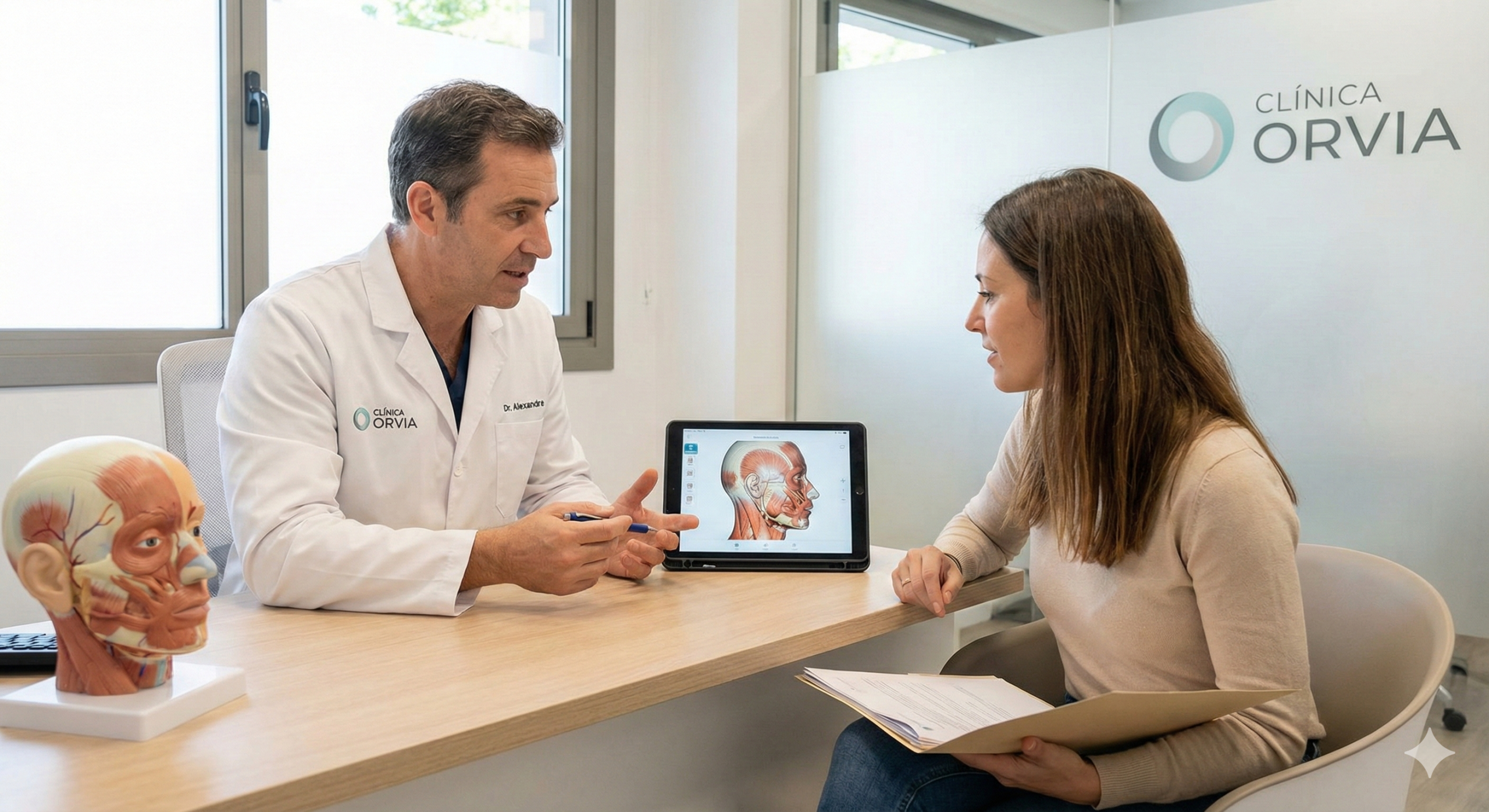 Médico em consulta passando instruções claras e detalhadas para uma paciente, demonstrando transparência e segurança pré-operatória na Clínica Orvia.