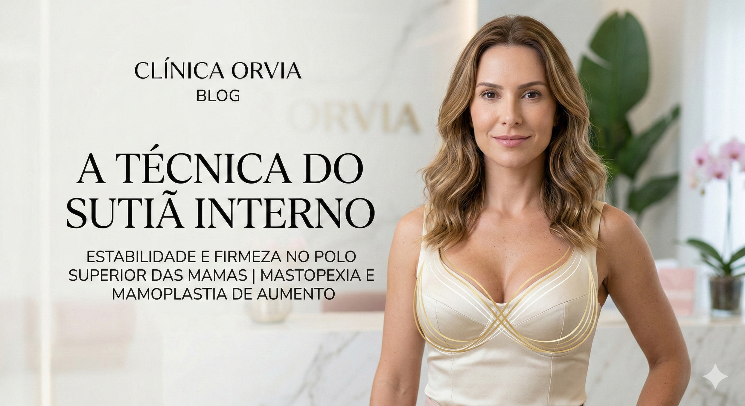 Mulher vestindo um top elegante, exibindo um colo firme e preenchido, ilustrando o resultado de sustentação duradoura proporcionado pela técnica do Sutiã Interno na Clínica Orvia.