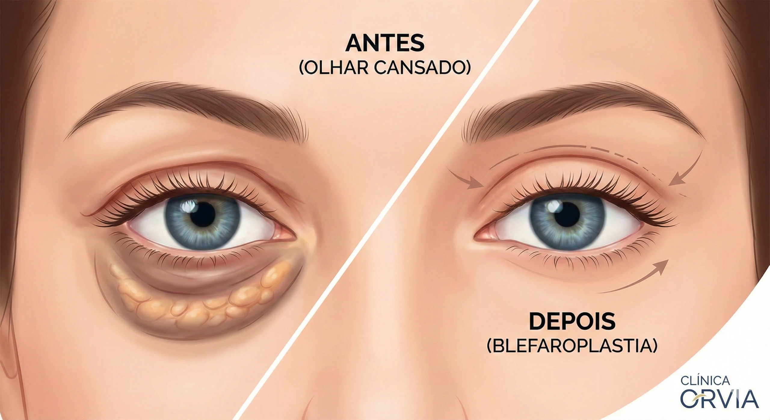 Ilustração médica comparativa de "Antes e Depois" da Blefaroplastia: lado esquerdo mostra olho com bolsas de gordura e pálpebra caída (olhar cansado); lado direito mostra o mesmo olho rejuvenescido, sem bolsas e com a pálpebra definida.