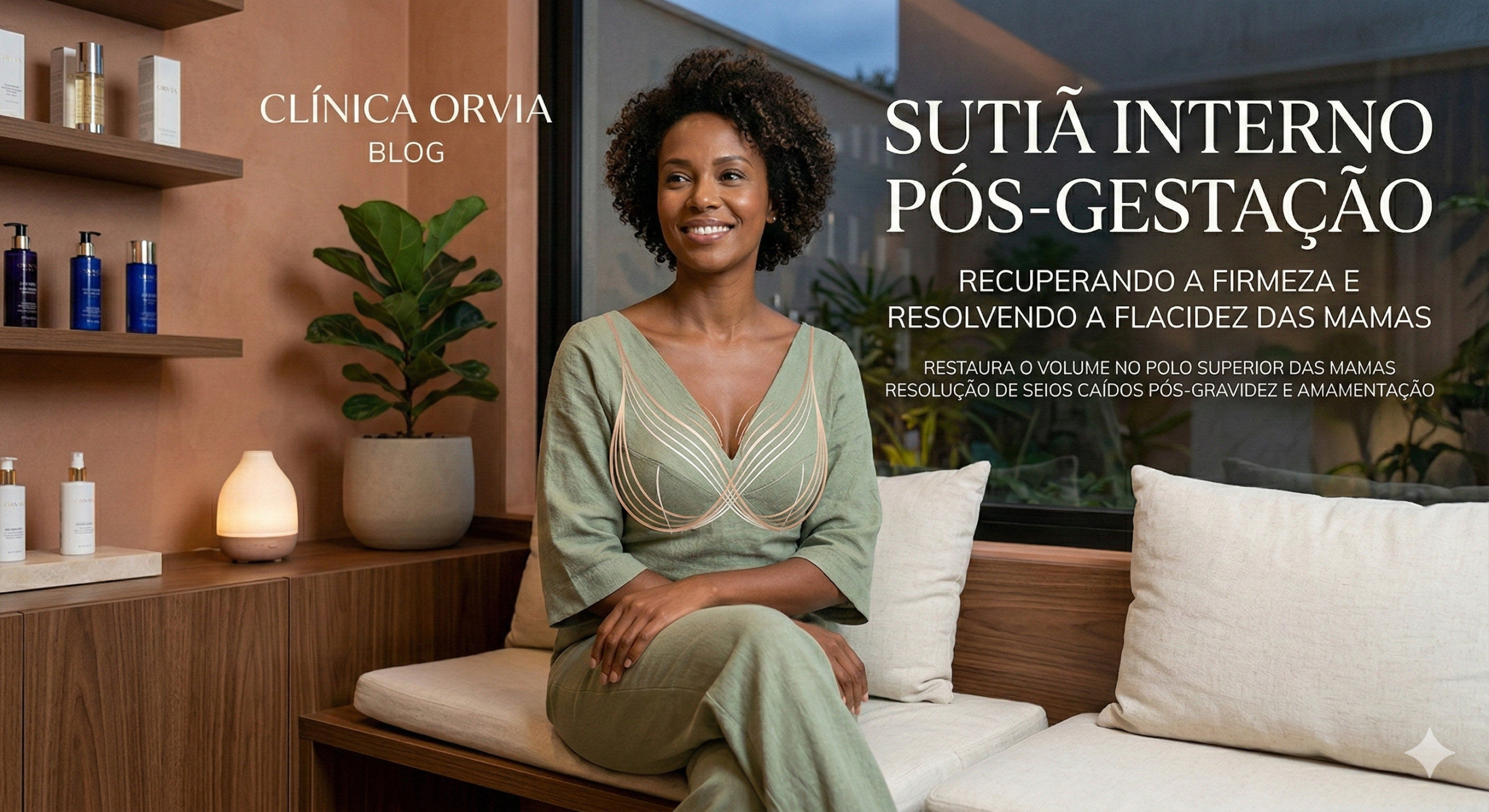 Mulher sorridente e confiante, vestindo uma blusa que destaca um colo firme e rejuvenescido, representando a recuperação da autoestima após a gravidez com a Mastopexia e Sutiã Interno na Clínica Orvia.