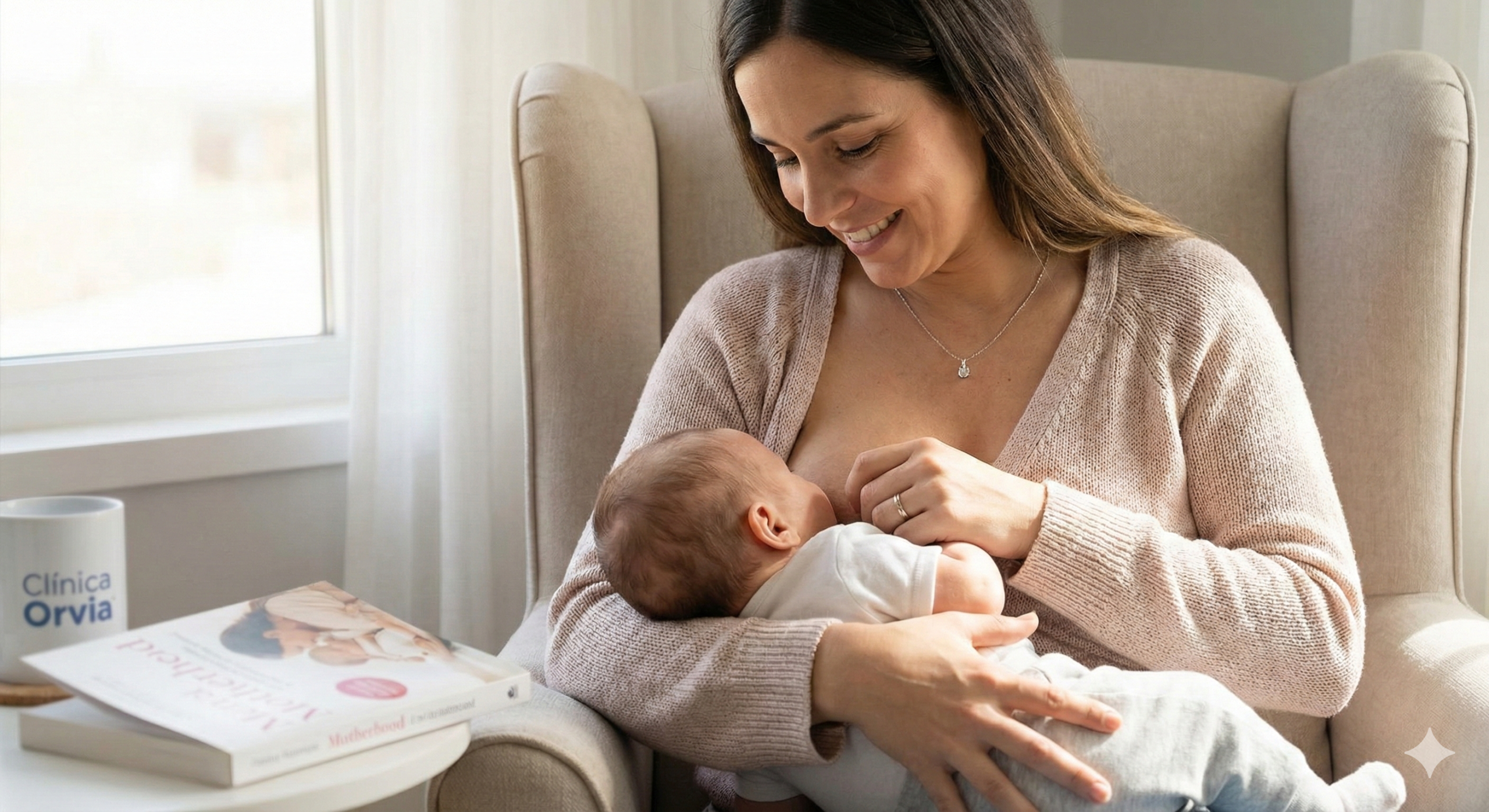 Mãe amamentando seu bebê tranquilamente, ilustrando que quem tem silicone pode amamentar sem problemas.