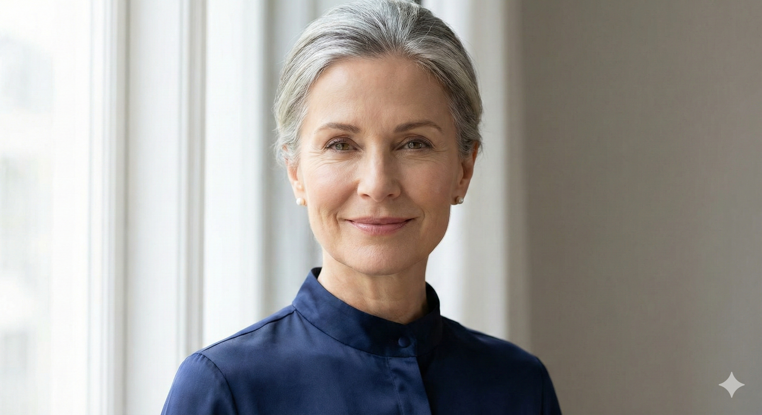 Rosto feminino maduro e elegante, com contorno da mandíbula firme e maçãs do rosto elevadas, após correção da flacidez facial profunda.