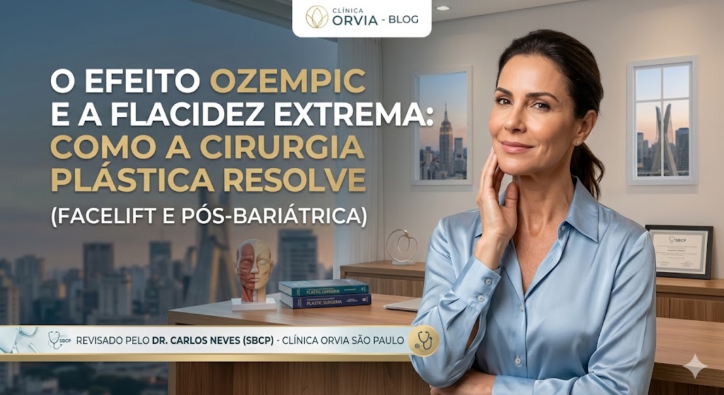 Mulher sorridente com roupas confortáveis e silhueta firme, esbanjando jovialidade após tratar a flacidez corporal e facial decorrente do emagrecimento rápido na Clínica Orvia.