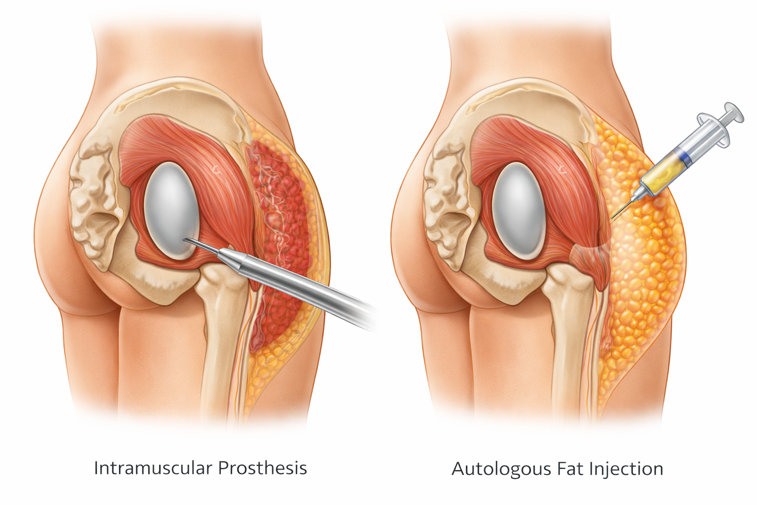Comparativo anatómico ilustrado de alta qualidade mostrando a aplicação de prótese intramuscular no centro do glúteo ladeada pela injeção de gordura autóloga para o preenchimento das ancas.