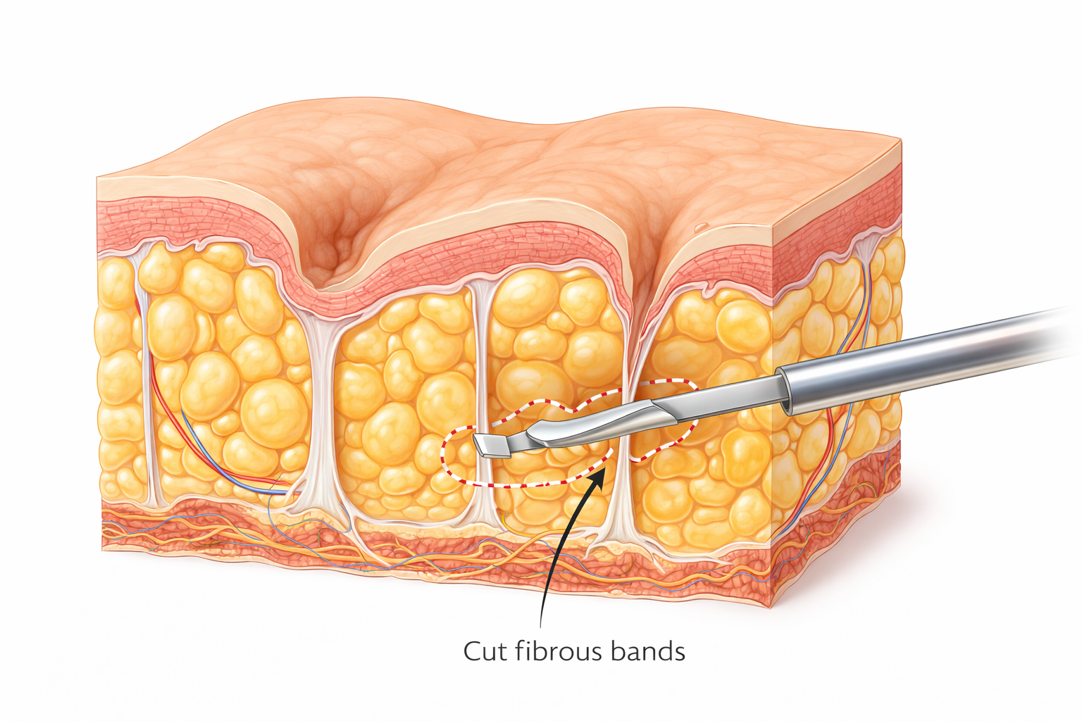 Foco num esquema anatómico simples da pele humana, ilustrando as traves de fibrose a serem cortadas mecanicamente por baixo das covinhas profundas da celulite.