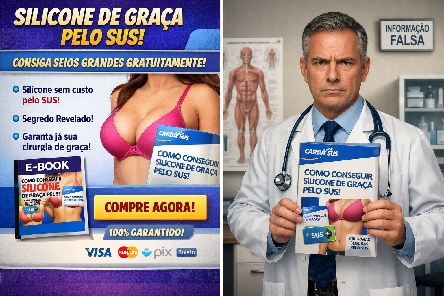 Imagem dividida mostrando, de um lado, a interface de um site vendendo e-books com promessas falsas de silicone e, do outro, um médico sério rejeitando informações não científicas.
