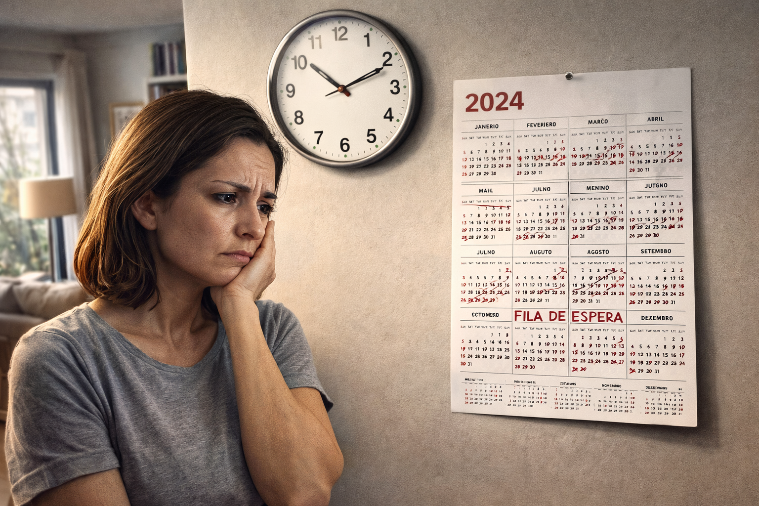 Mulher pensativa a olhar para o calendário e o relógio de parede na sua casa, refletindo a angústia e os anos perdidos em filas de espera do sistema de regulação de saúde.
