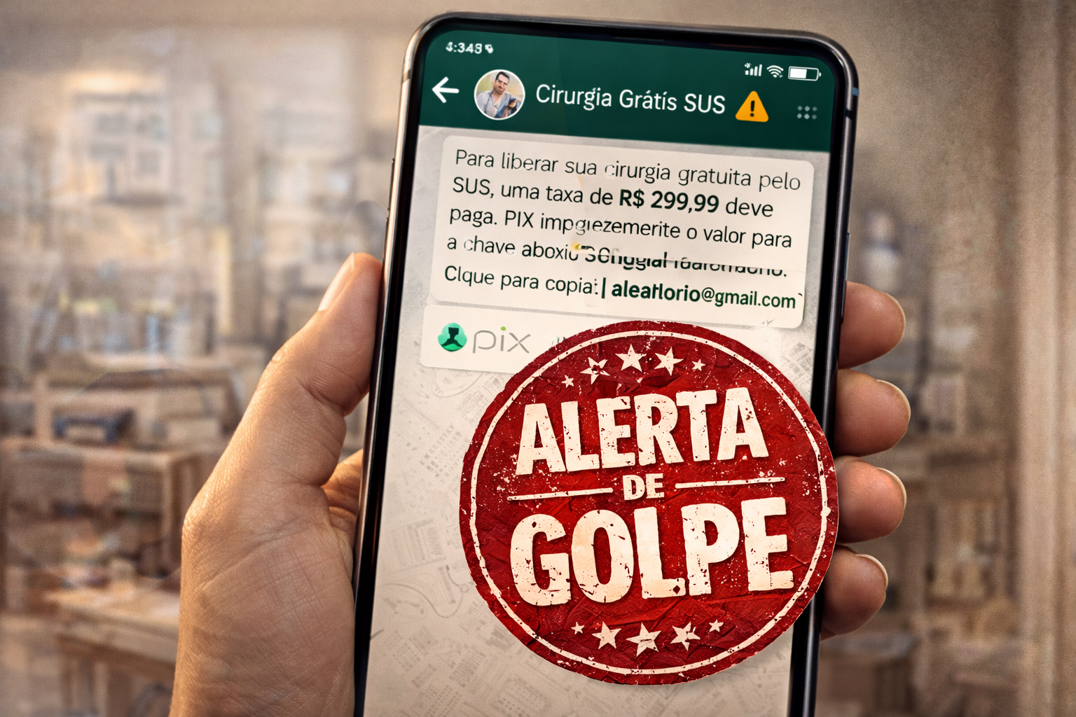 Tela de smartphone exibindo uma mensagem suspeita de cobrança de taxa via PIX sobreposta por um grande selo vermelho de "Alerta de Golpe", ressaltando a fraude digital em promessas de cirurgia gratuita.