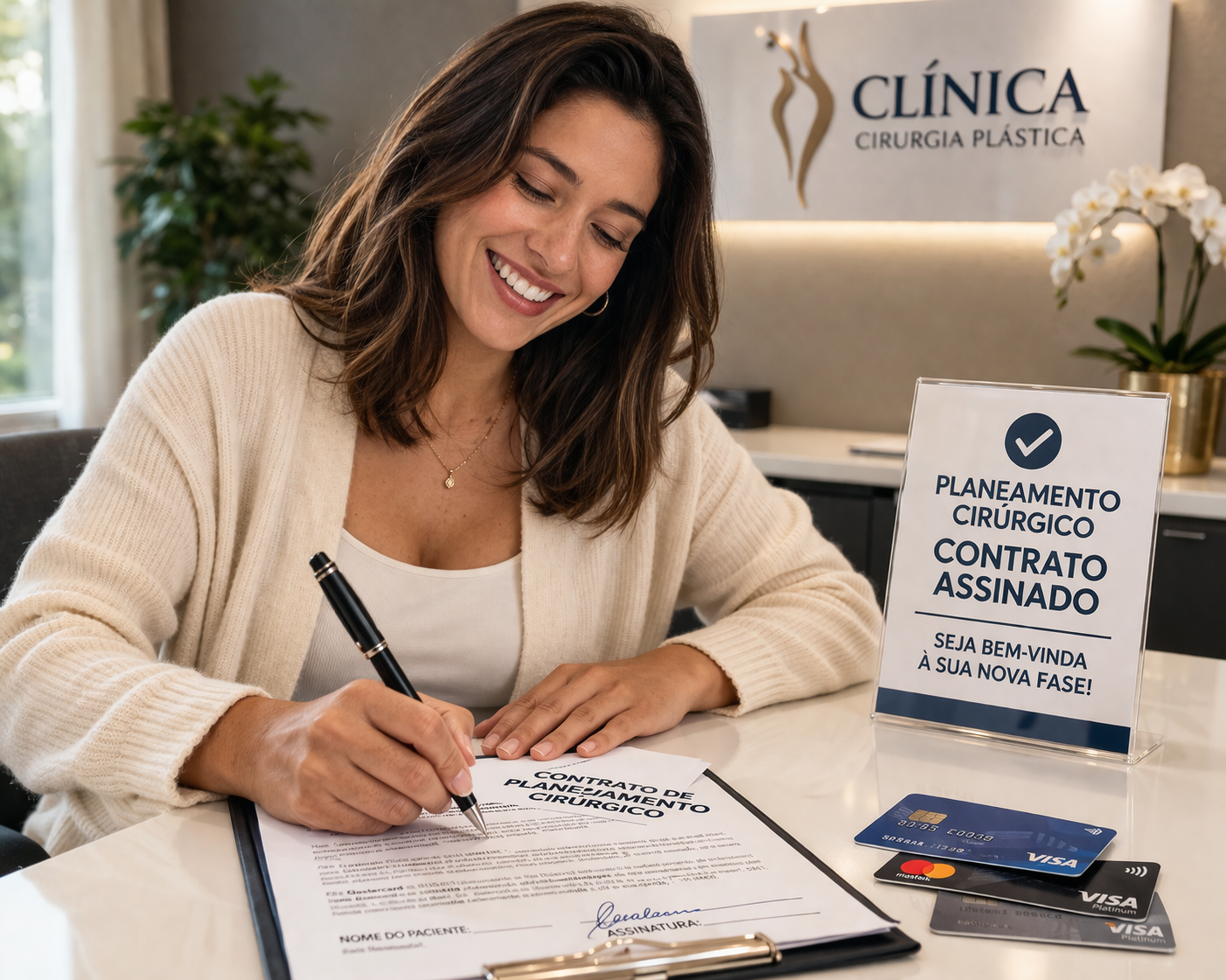 Paciente aliviada, a assinar de forma sorridente um contrato de planeamento cirúrgico com a clínica, com cartões de crédito sobre a mesa, simbolizando o fim da dependência do plano de saúde.