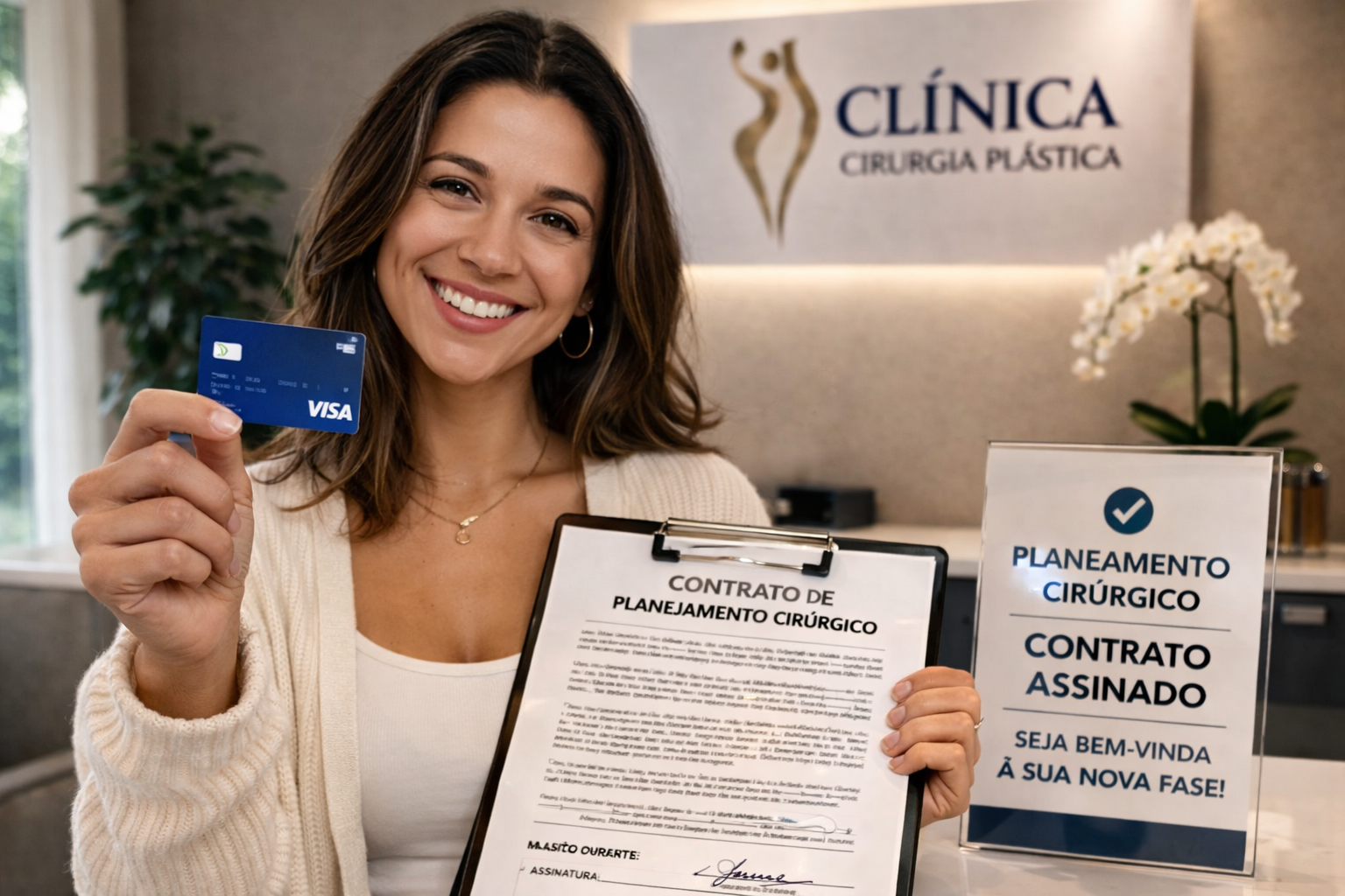 Paciente aliviada e sorridente a segurar o seu cartão de crédito na recepção da clínica, finalizando o seu contrato de cirurgia plástica através de parcelamento simplificado.