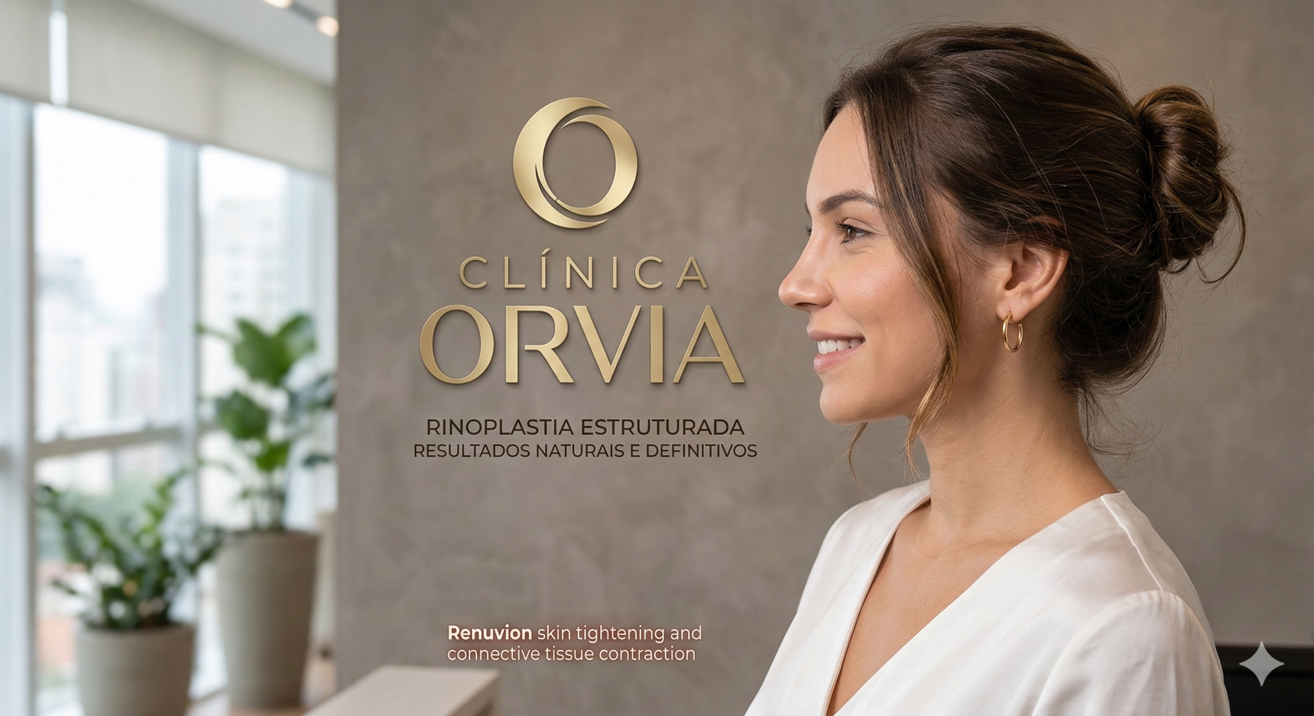 Rosto feminino de perfil, demonstrando um nariz com dorso reto, fino e ponta delicada, destacando os resultados definitivos, harmoniosos e naturais da Rinoplastia Estruturada na Clínica Orvia.
