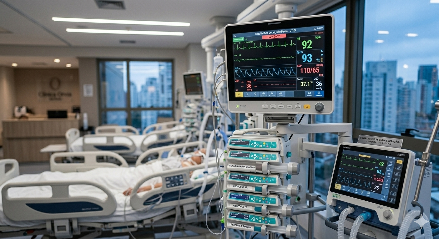 Imagem focada nos monitores multiparamétricos e equipamentos de suporte à vida em uma UTI hospitalar de última geração em São Paulo.