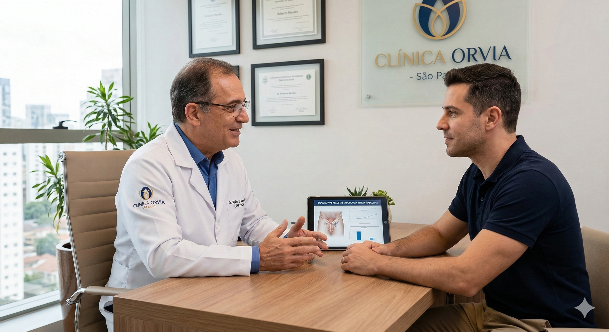 Médico transmitindo segurança e sigilo durante consulta médica com paciente masculino, focado em expectativas realistas para cirurgia íntima e estética masculina.