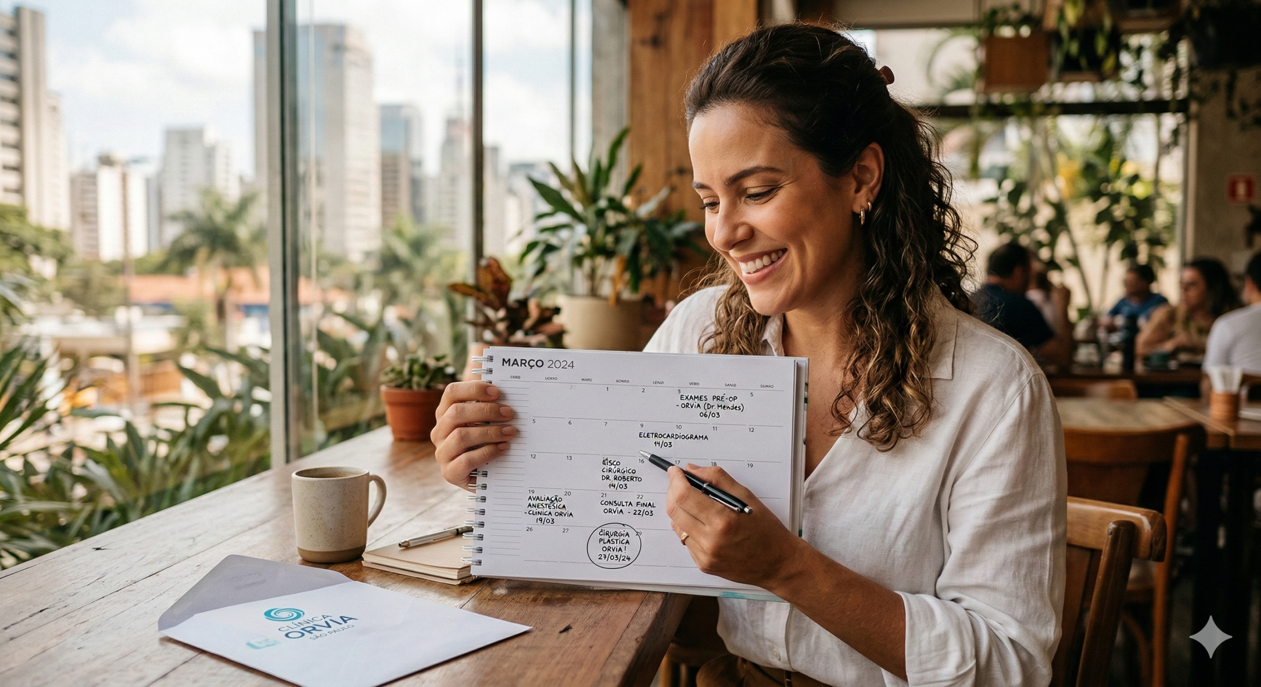 Mulher sorridente olhando para um calendário ou agenda física no mês de março, planejando os exames de sua cirurgia plástica na Clínica Orvia em São Paulo.