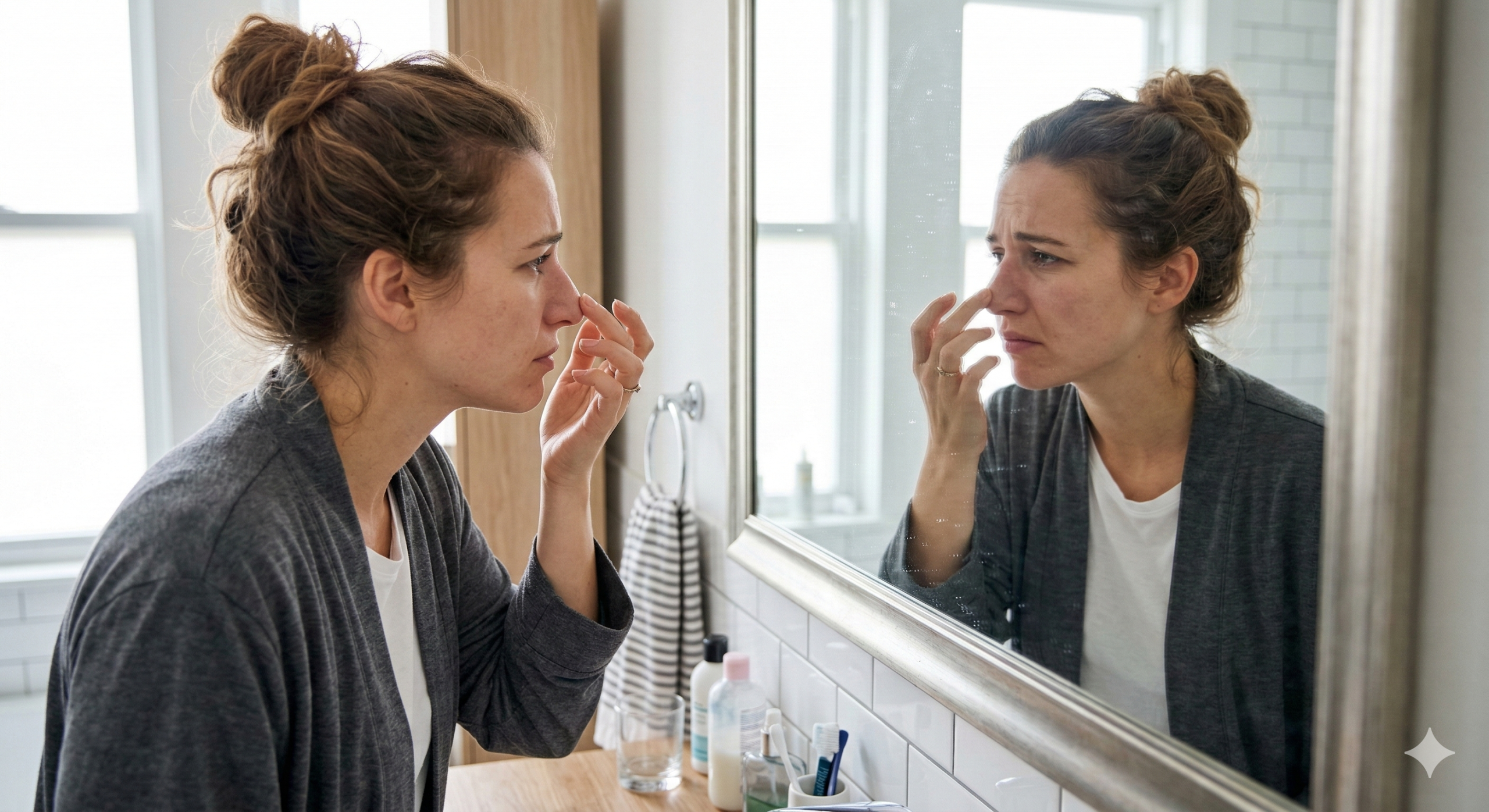 Mulher de frente para o espelho examinando o formato do seu nariz, representando a frustração comum com a falta de definição e o alargamento do dorso nasal após procedimentos com ácido hialurônico.