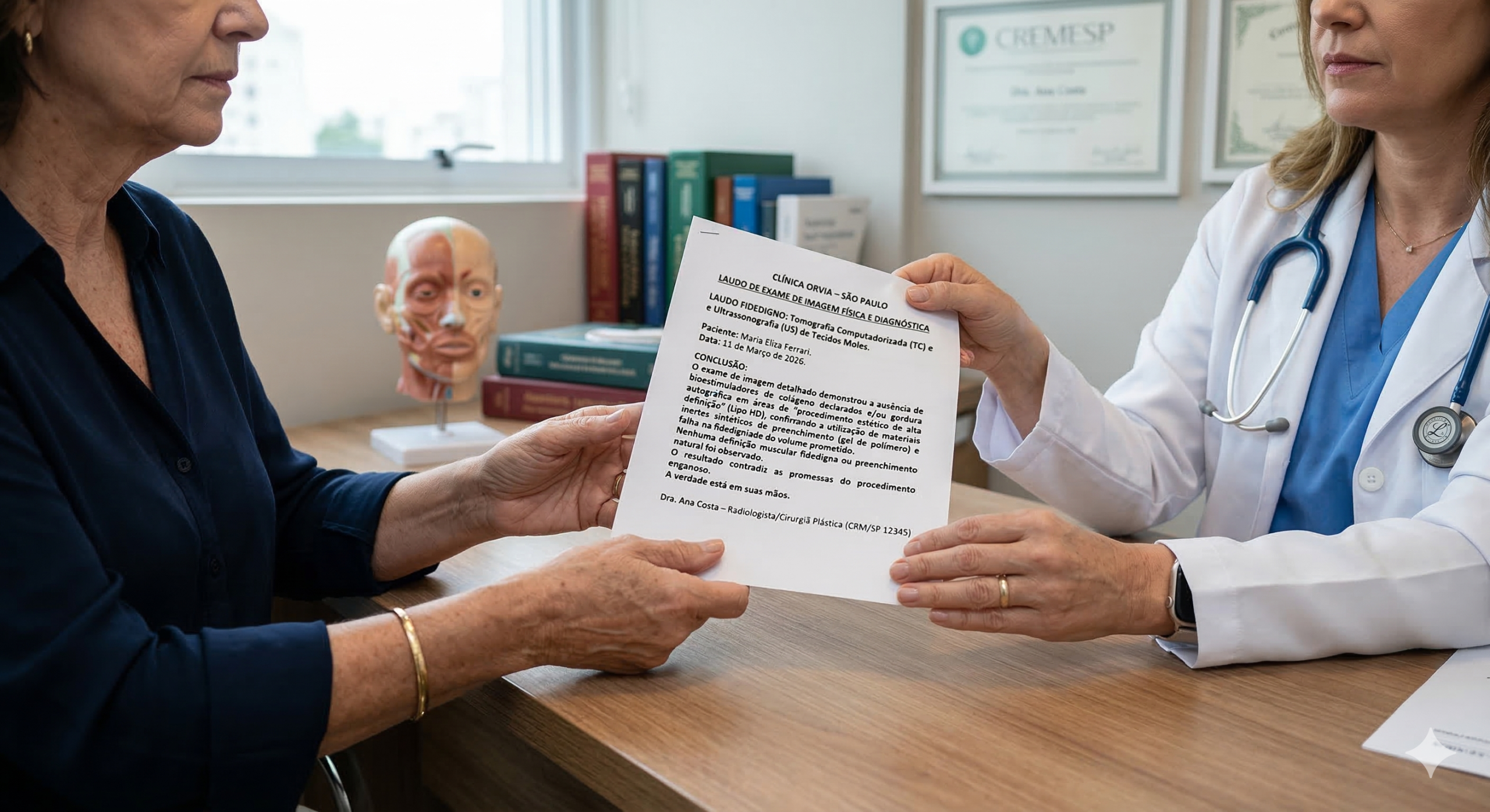 Foco nas mãos de um profissional de saúde entregando um laudo de imagem médica fidedigno para uma paciente sentada no consultório, transmitindo seriedade e a verdade por trás de procedimentos enganosos.