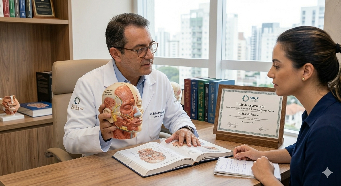 Médico utilizando o diploma de título da Sociedade Brasileira de Cirurgia Plástica e estudos anatômicos em sua consulta, refletindo a seriedade acadêmica em contraposição ao marketing raso da internet.