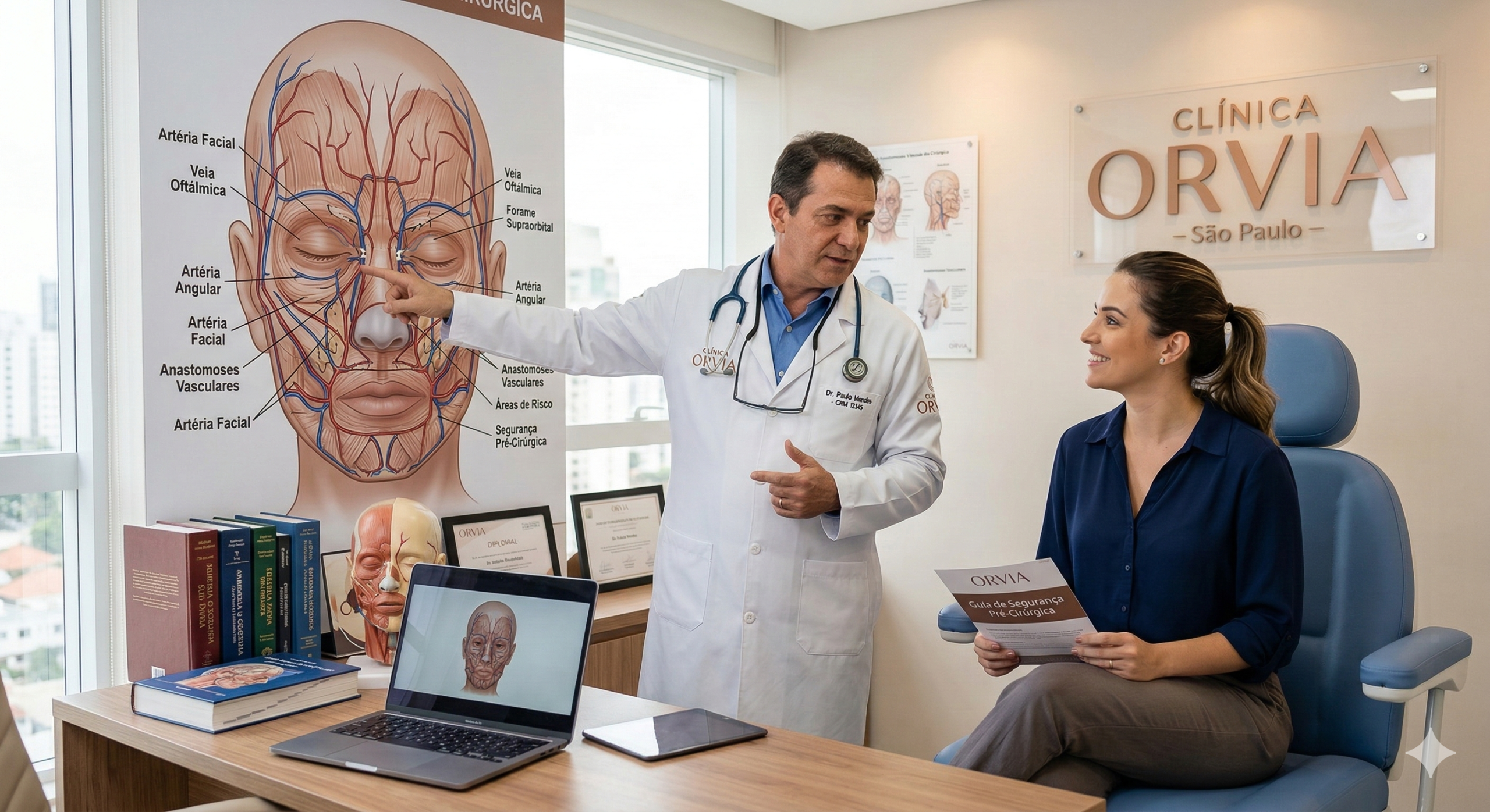 Médico especialista apontando para diagramas da anatomia complexa vascular da face, educando e orientando a paciente sobre segurança pré-cirúrgica na Clínica Orvia.