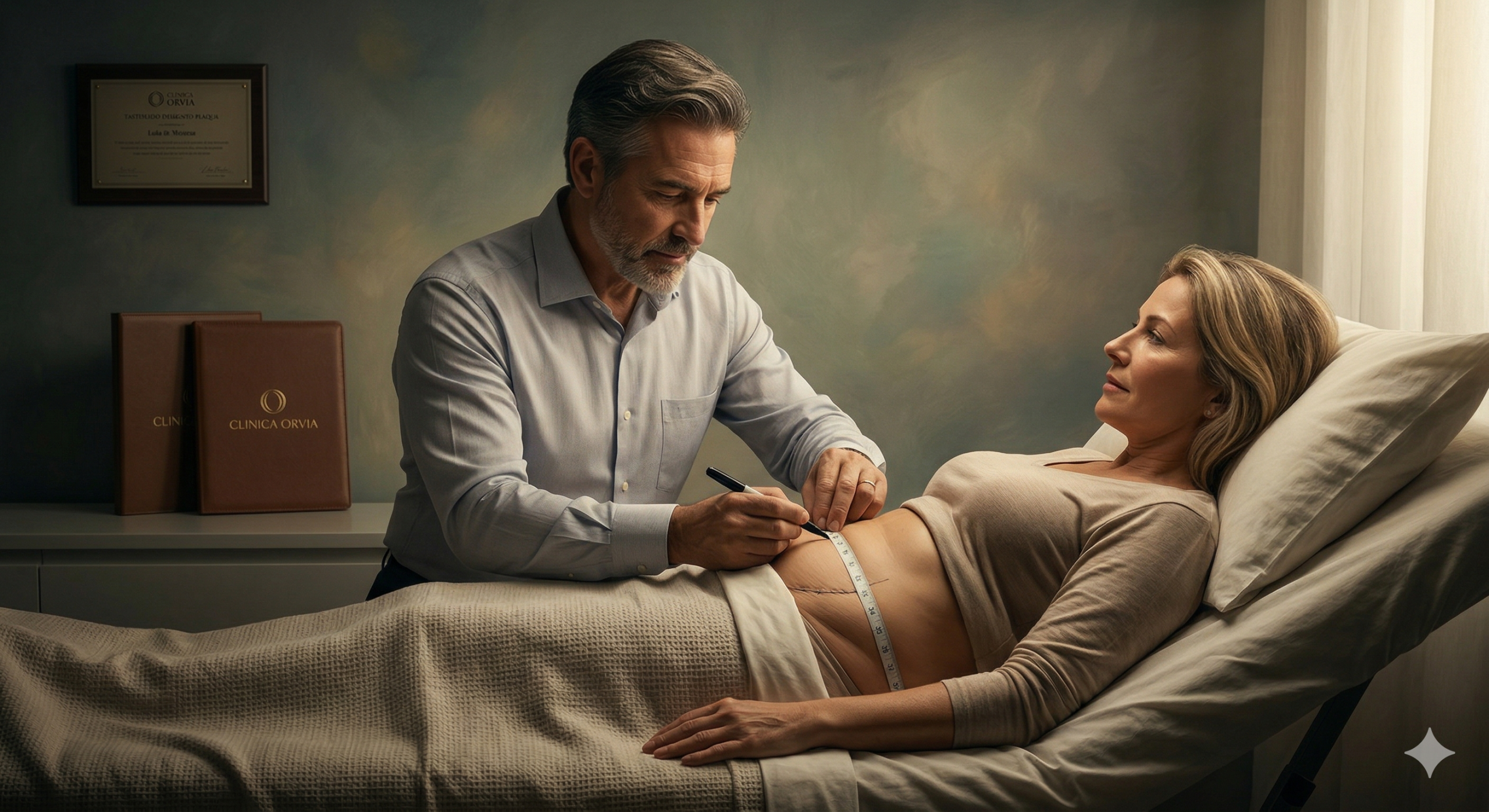 Médico utilizando uma fita métrica e analisando as proporções de sobra de pele e diástase abdominal de uma paciente, focando no planejamento exato de onde ficará a cicatriz do Tummy Tuck.