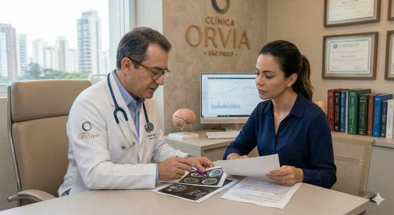 Médico focado em analisar exames e atender uma paciente em um ambiente sofisticado, porém sóbrio, refletindo a dedicação à medicina real e não ao marketing performático.