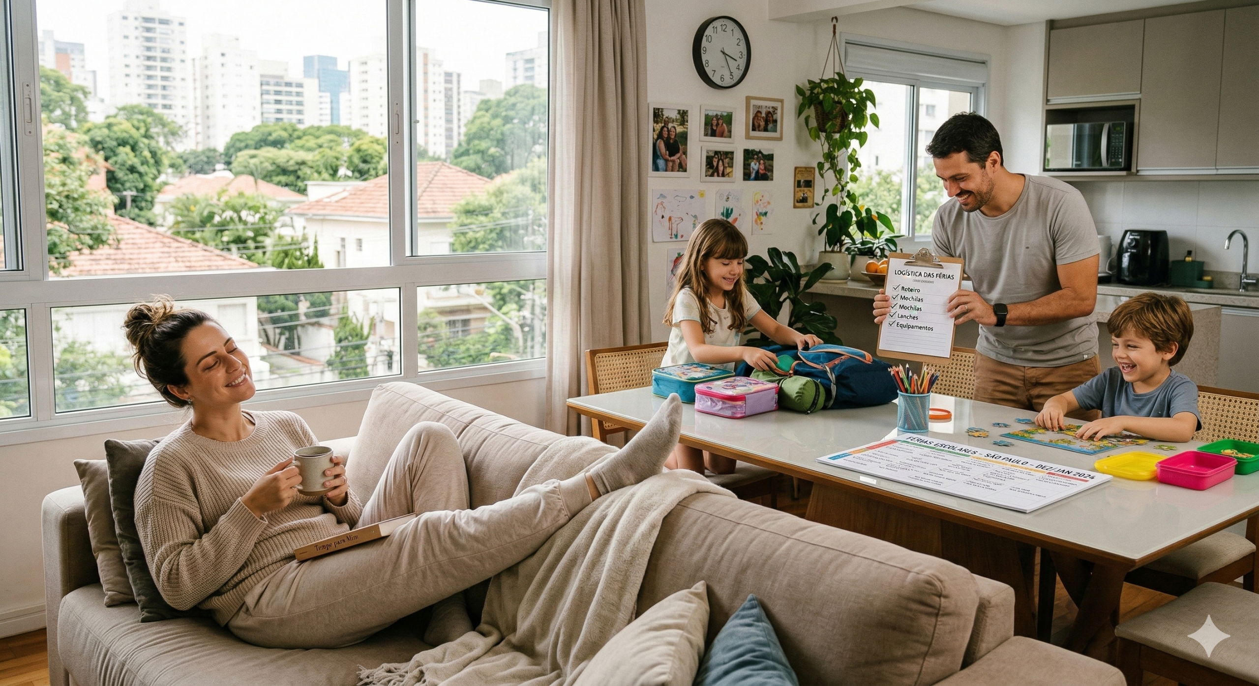 Família unida em casa, com o marido cuidando das tarefas logísticas com os filhos enquanto a mãe relaxa confortavelmente, ilustrando a paz da rede de apoio nas férias escolares.