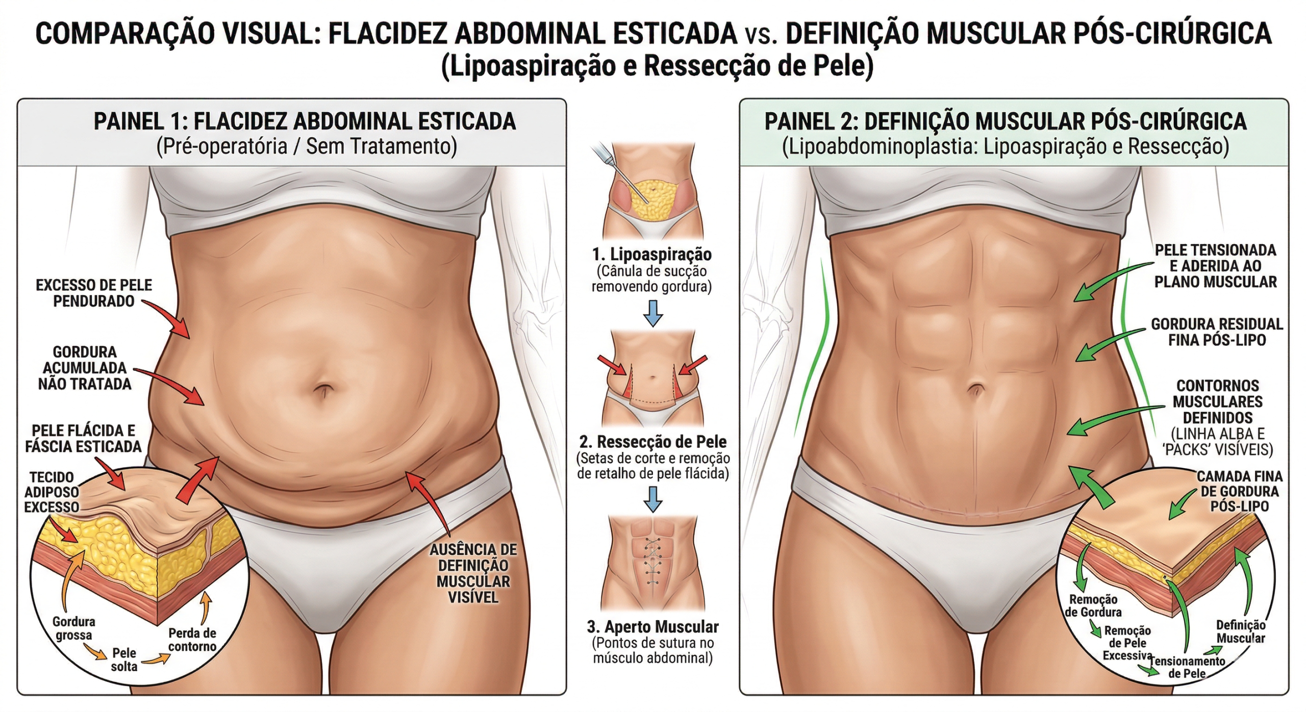 Ilustração e esquema visual comparativo entre a flacidez esticada de uma paciente e a definição muscular promovida pela lipoaspiração aliada à ressecção cirúrgica de pele.