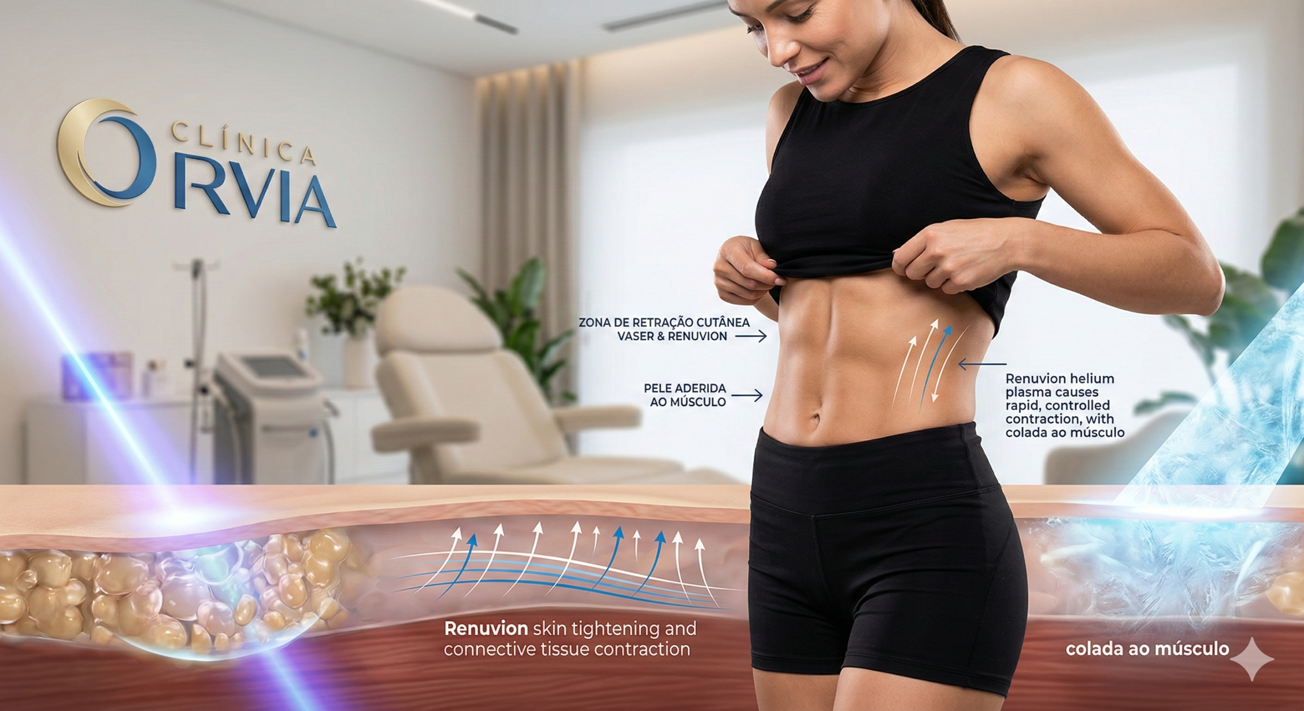 Representação de um abdômen feminino com pele firme e colada ao músculo, ilustrando o poder de retração e segurança das tecnologias VASER e Renuvion na Clínica Orvia.