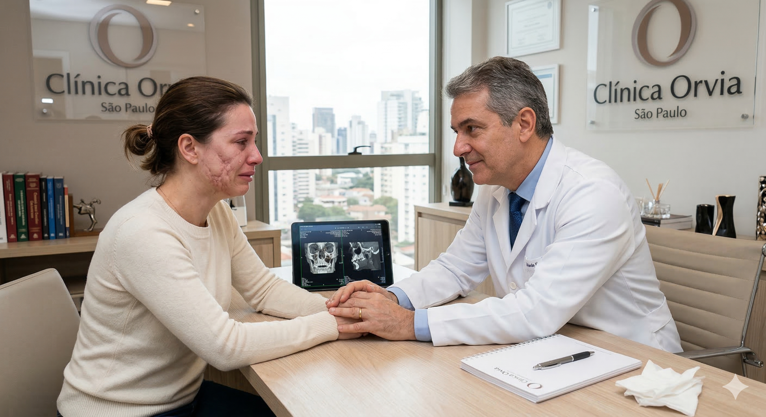 Médico cirurgião plástico prestando atendimento acolhedor e atencioso a uma paciente angustiada em seu consultório na Clínica Orvia, focado na reconstrução e reparação de danos por procedimentos prévios.