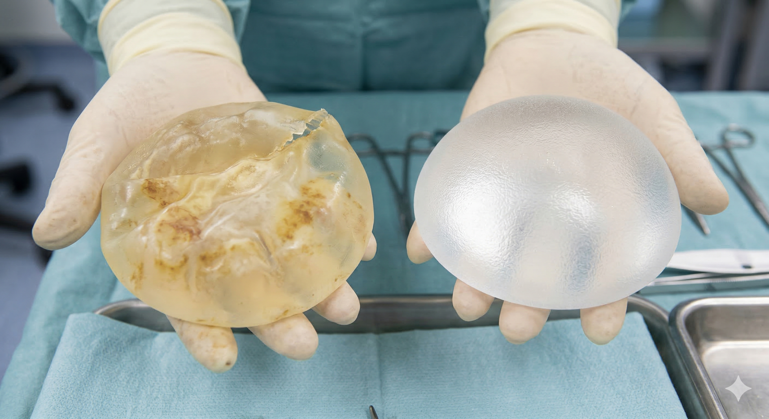 Foco em luvas cirúrgicas segurando uma prótese de silicone médica danificada e envelhecida, em contraste com um implante novo e moderno, destacando a necessidade de revisão cirúrgica preventiva.