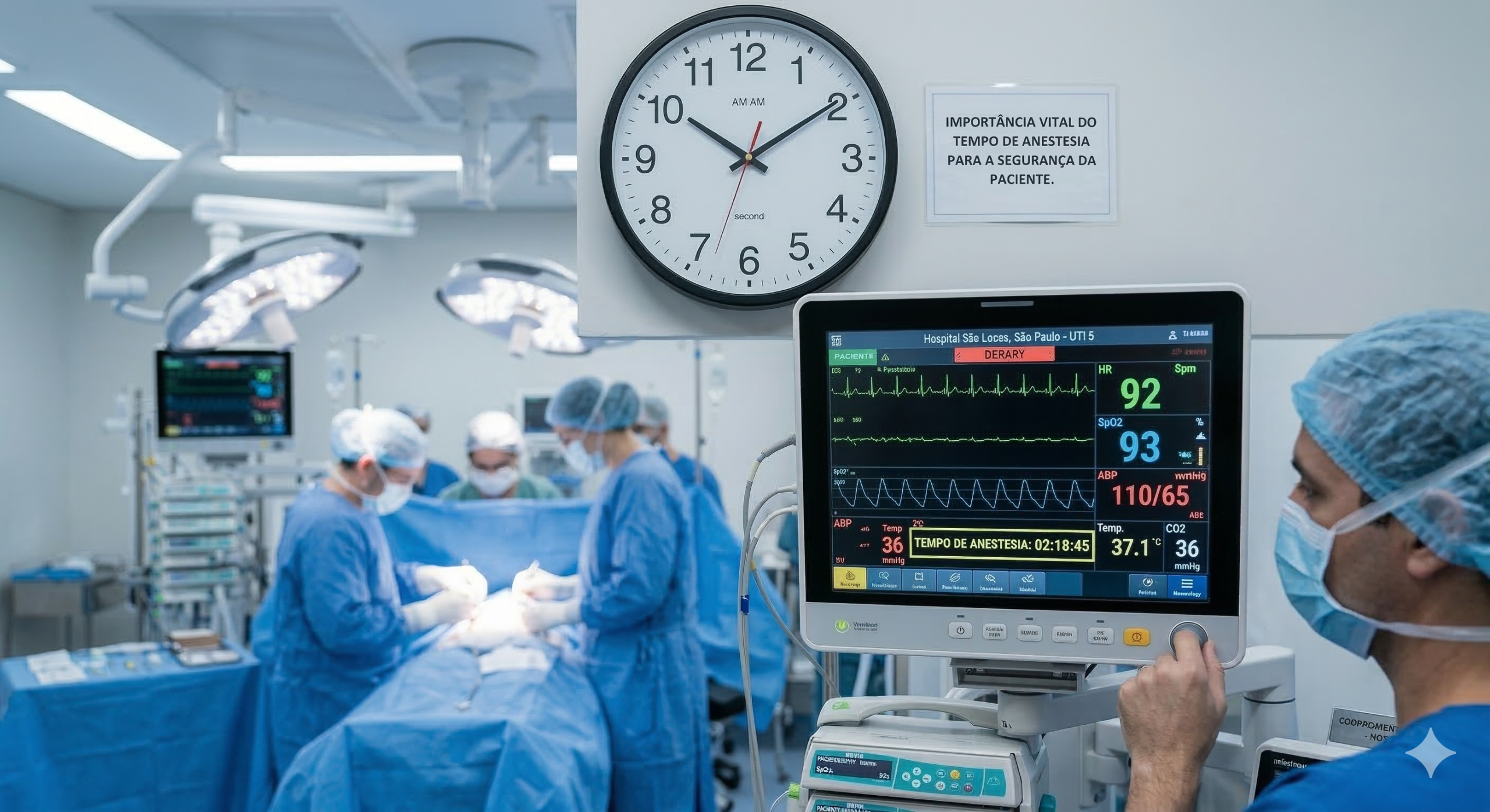 Foco em um relógio de parede no centro cirúrgico e nos monitores de sinais vitais, ilustrando a importância vital do tempo de anestesia para a segurança da paciente.