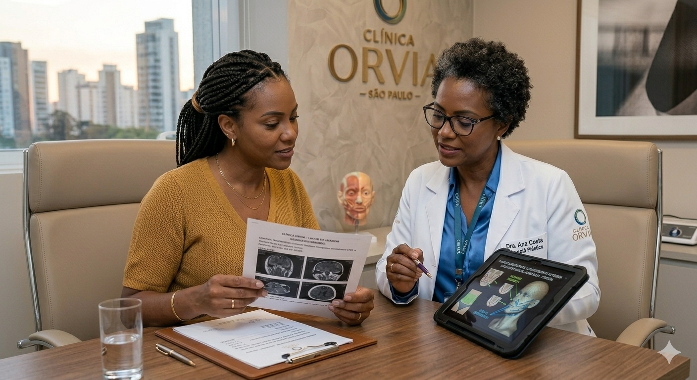 Médico especialista e paciente sentados lado a lado, avaliando exames e estruturando o planejamento cirúrgico de forma clara, colaborativa e acessível na Clínica Orvia.