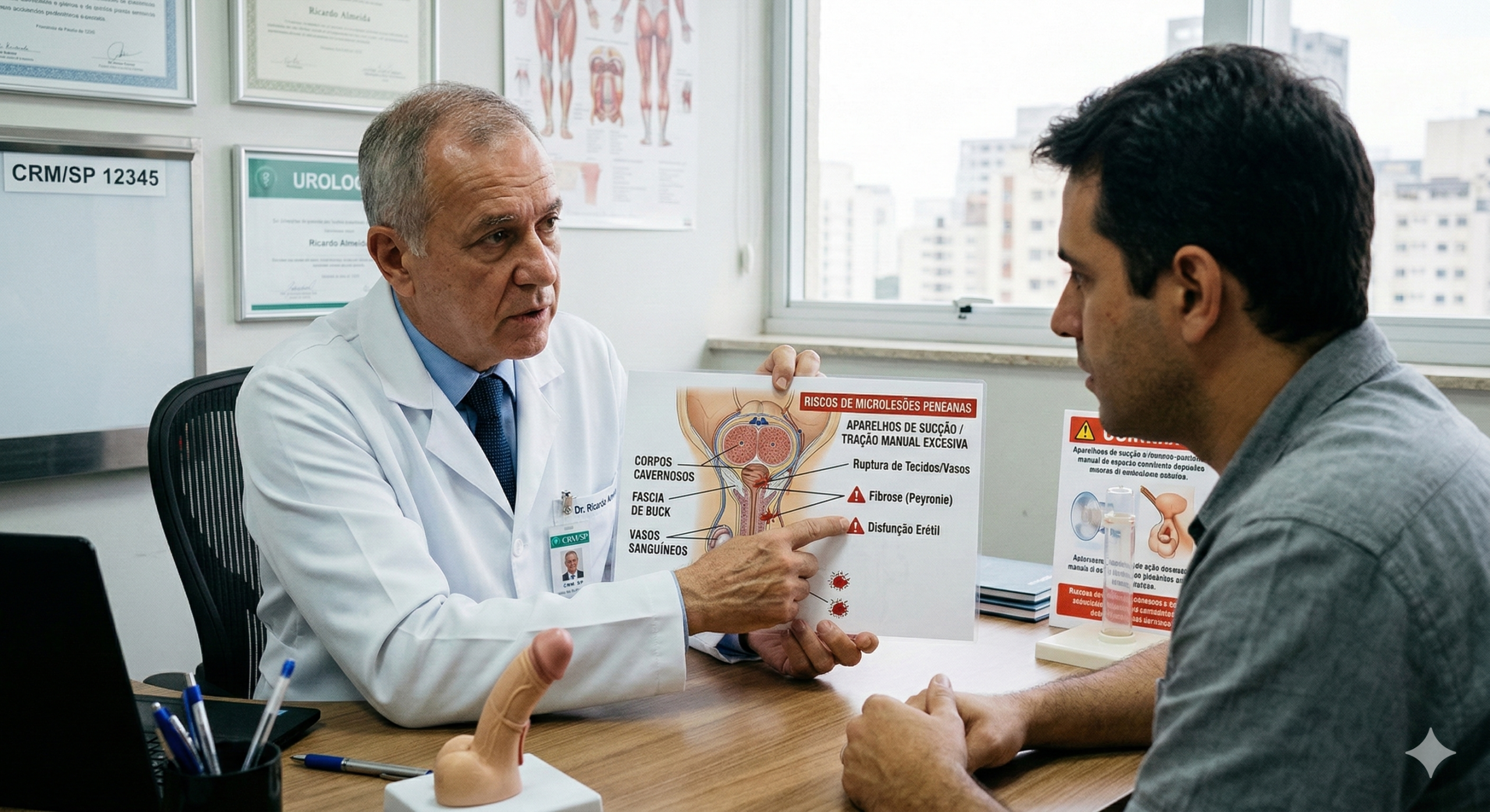 Médico especialista segurando diagramas anatômicos, alertando o paciente sobre os riscos de microlesões causadas por aparelhos de sucção e tração manual.
