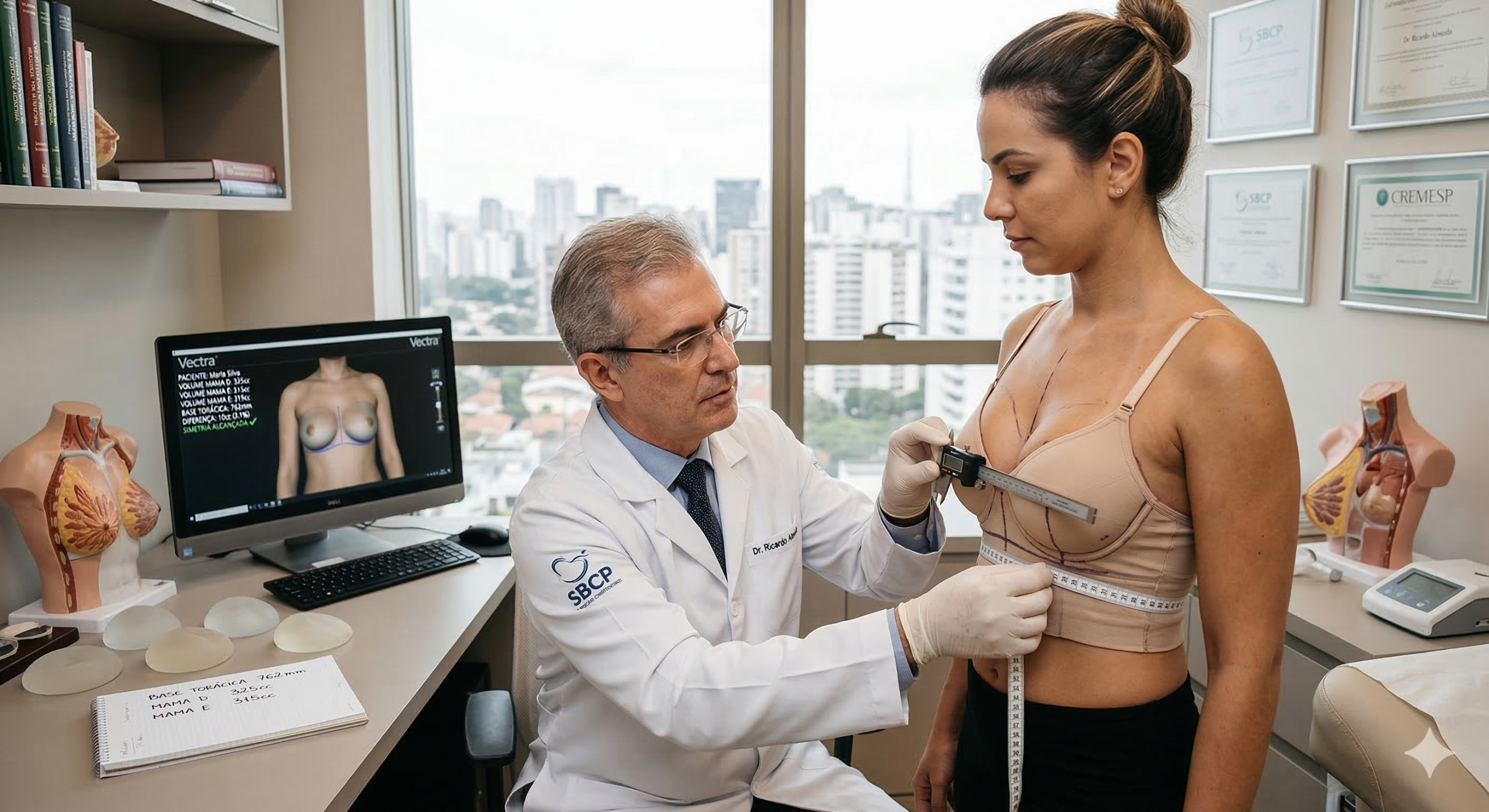 Médico focado em medir milimetricamente a base do tórax e o volume das mamas da paciente em consulta, utilizando ferramentas de precisão para garantir um resultado cirúrgico simétrico.