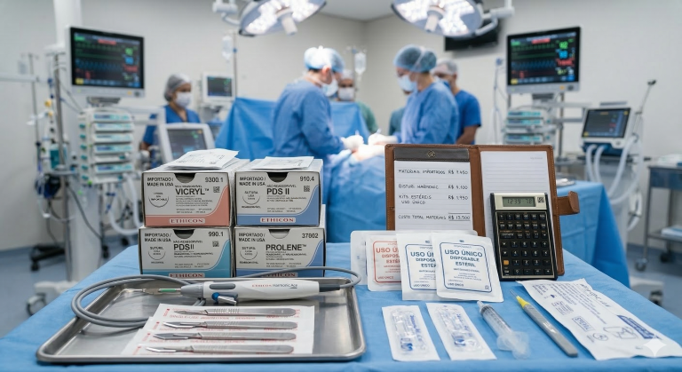 Foco em uma mesa cirúrgica contendo materiais estéreis de uso único, bisturis de alta tecnologia e fios de sutura importados, destacando os bastidores financeiros de um procedimento altamente seguro e livre de infecções.