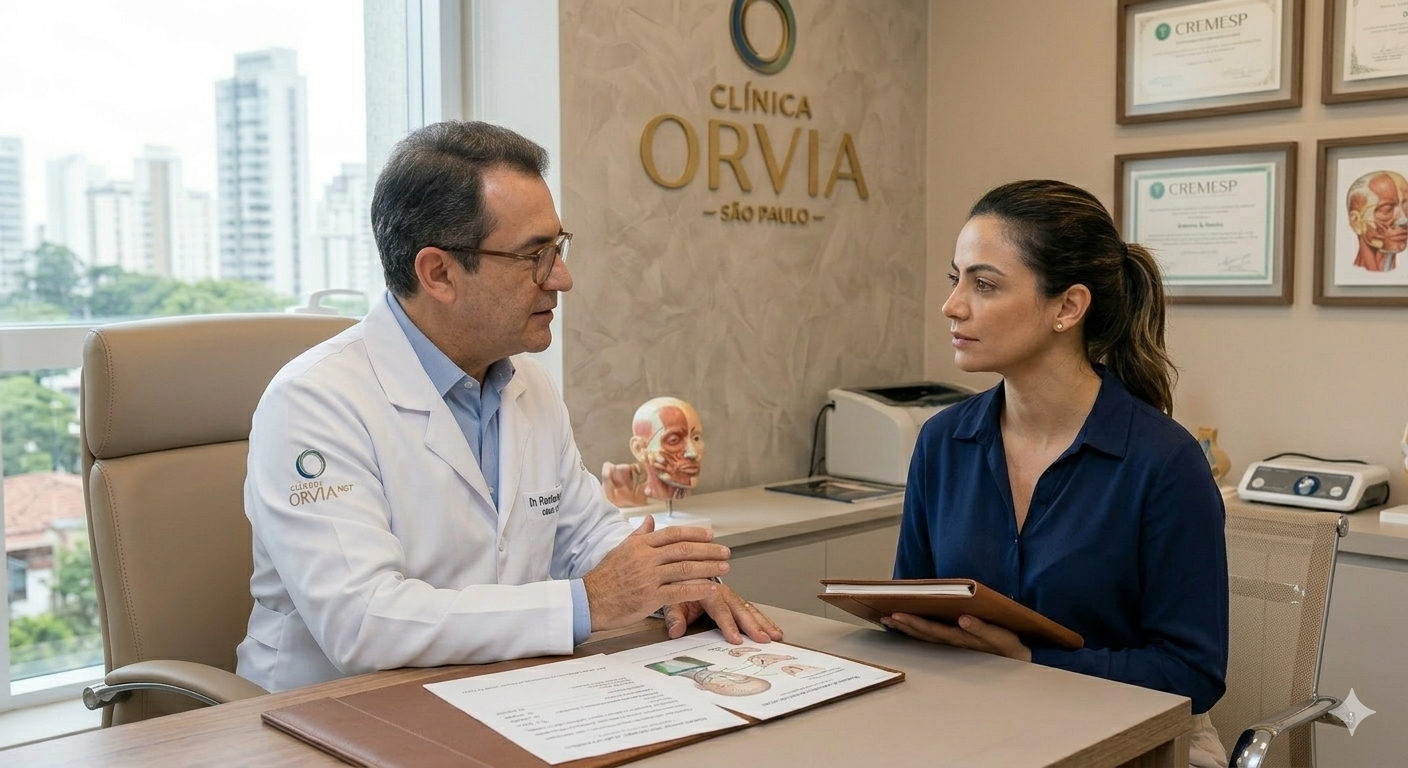 Médico transmitindo calma e explicando de forma empática a um paciente que não há necessidade clínica de se submeter a procedimentos estéticos desnecessários, reforçando a ética profissional.