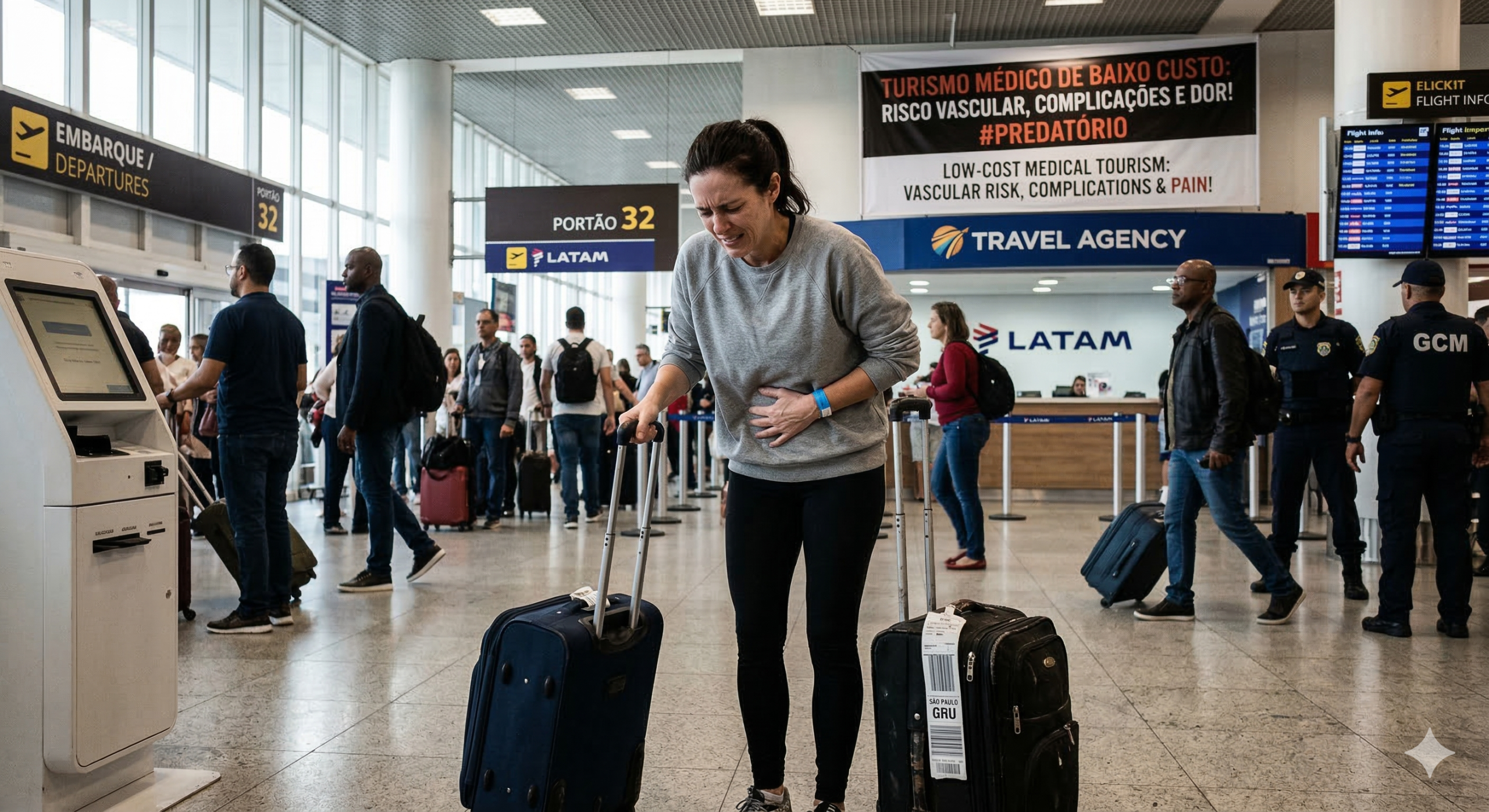 Paciente no aeroporto com mala de rodinhas, segurando a barriga de forma desconfortável, simbolizando o risco vascular do turismo médico predatório focado apenas em baixo custo.